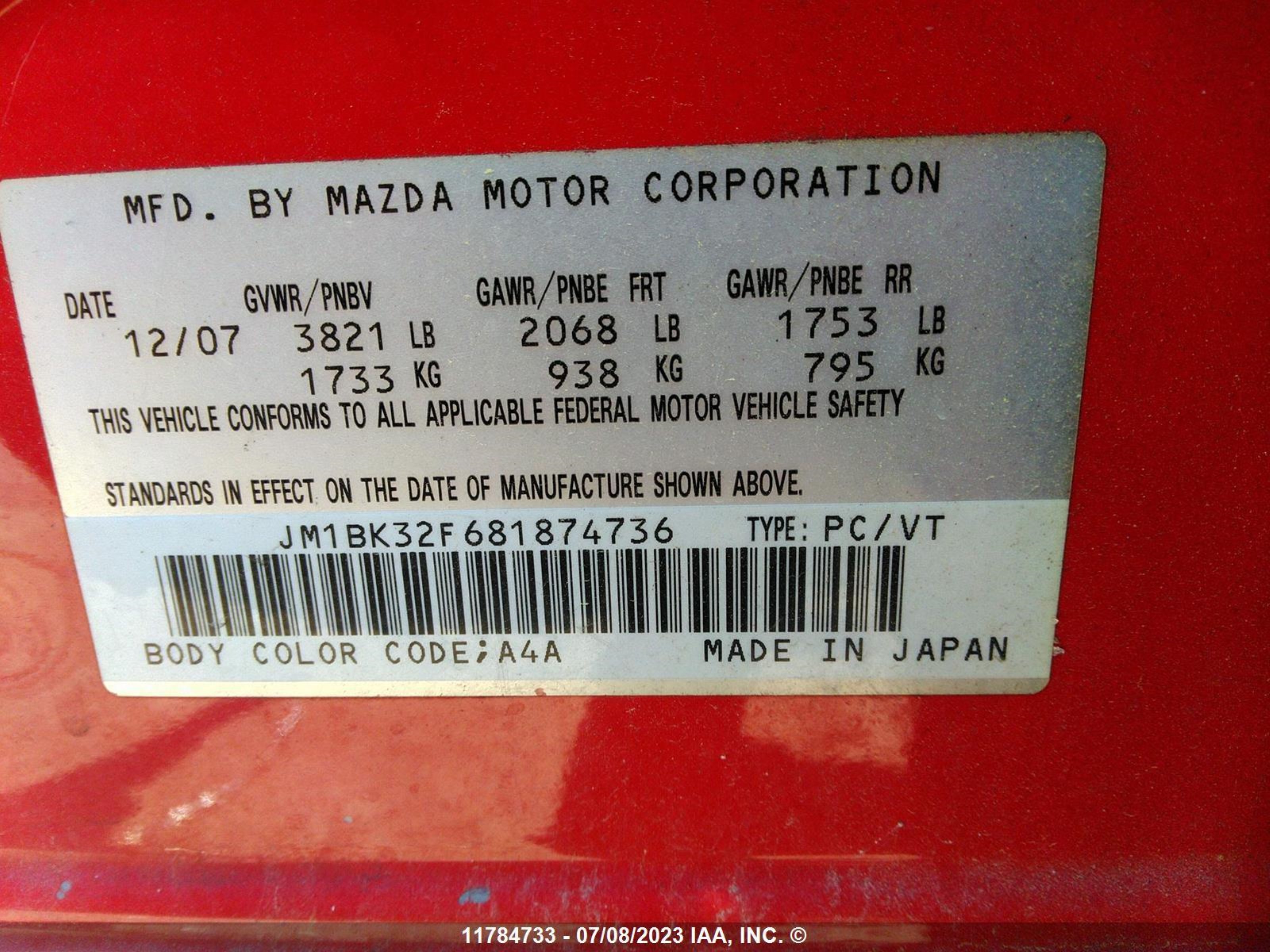 Photo 8 VIN: JM1BK32F681874736 - MAZDA 3 