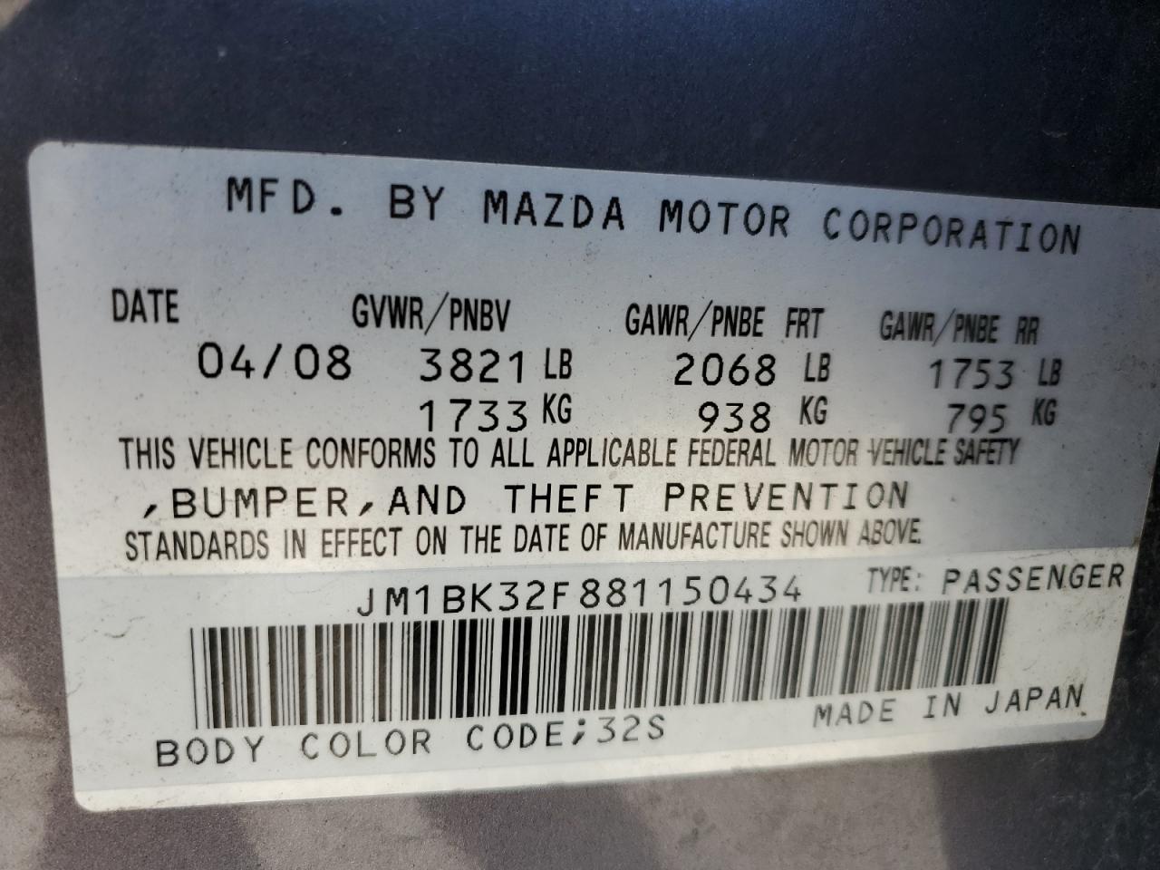 Photo 11 VIN: JM1BK32F881150434 - MAZDA 3 