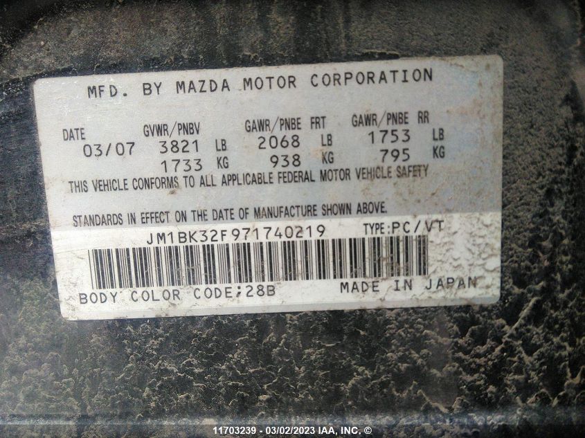 Photo 8 VIN: JM1BK32F971740219 - MAZDA 3 