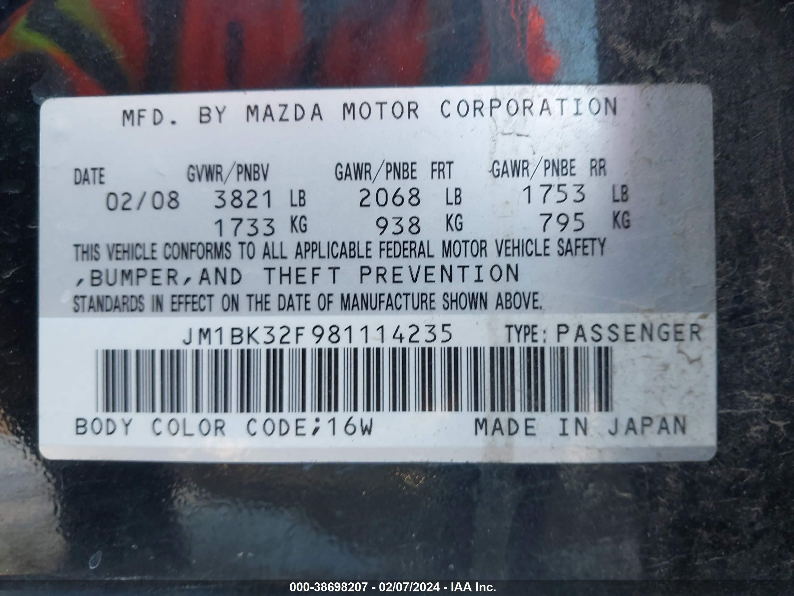 Photo 8 VIN: JM1BK32F981114235 - MAZDA 3 