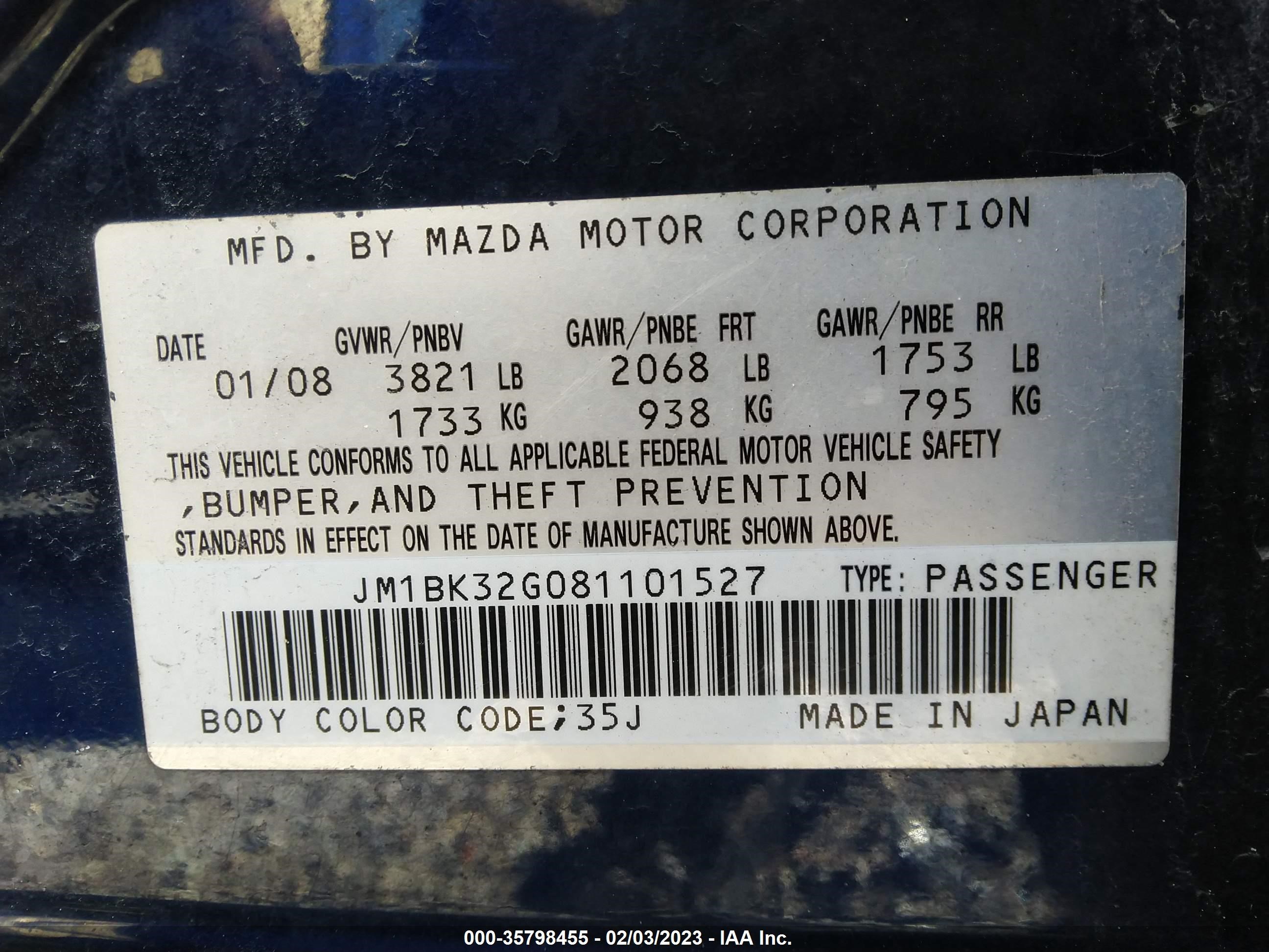 Photo 8 VIN: JM1BK32G081101527 - MAZDA 3 