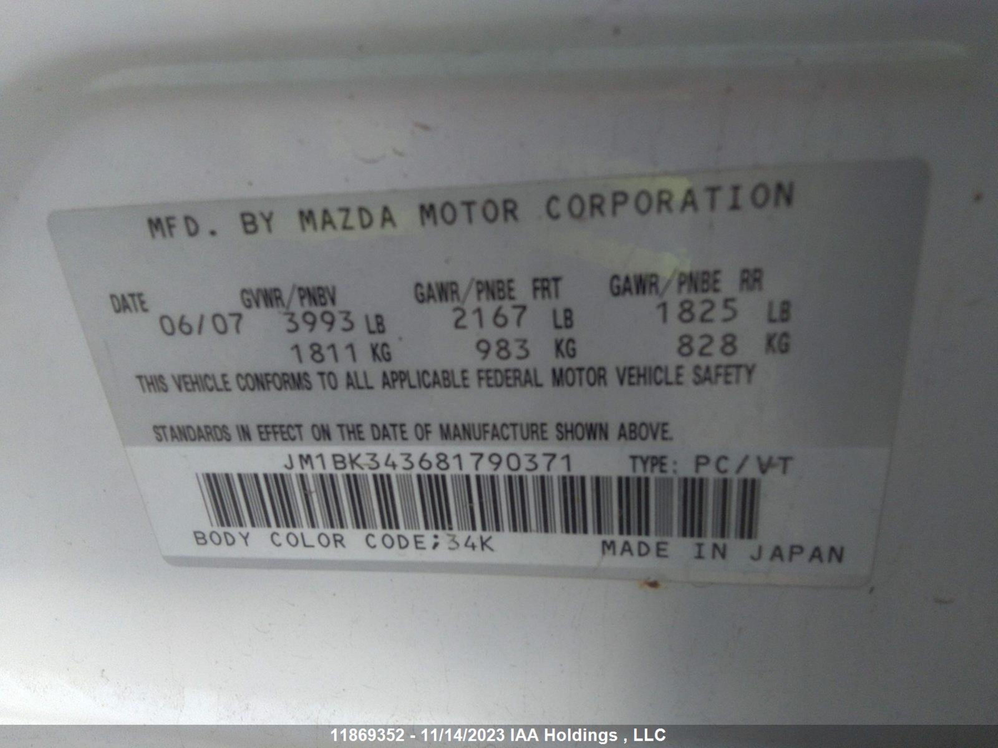 Photo 8 VIN: JM1BK343681790371 - MAZDA 3 