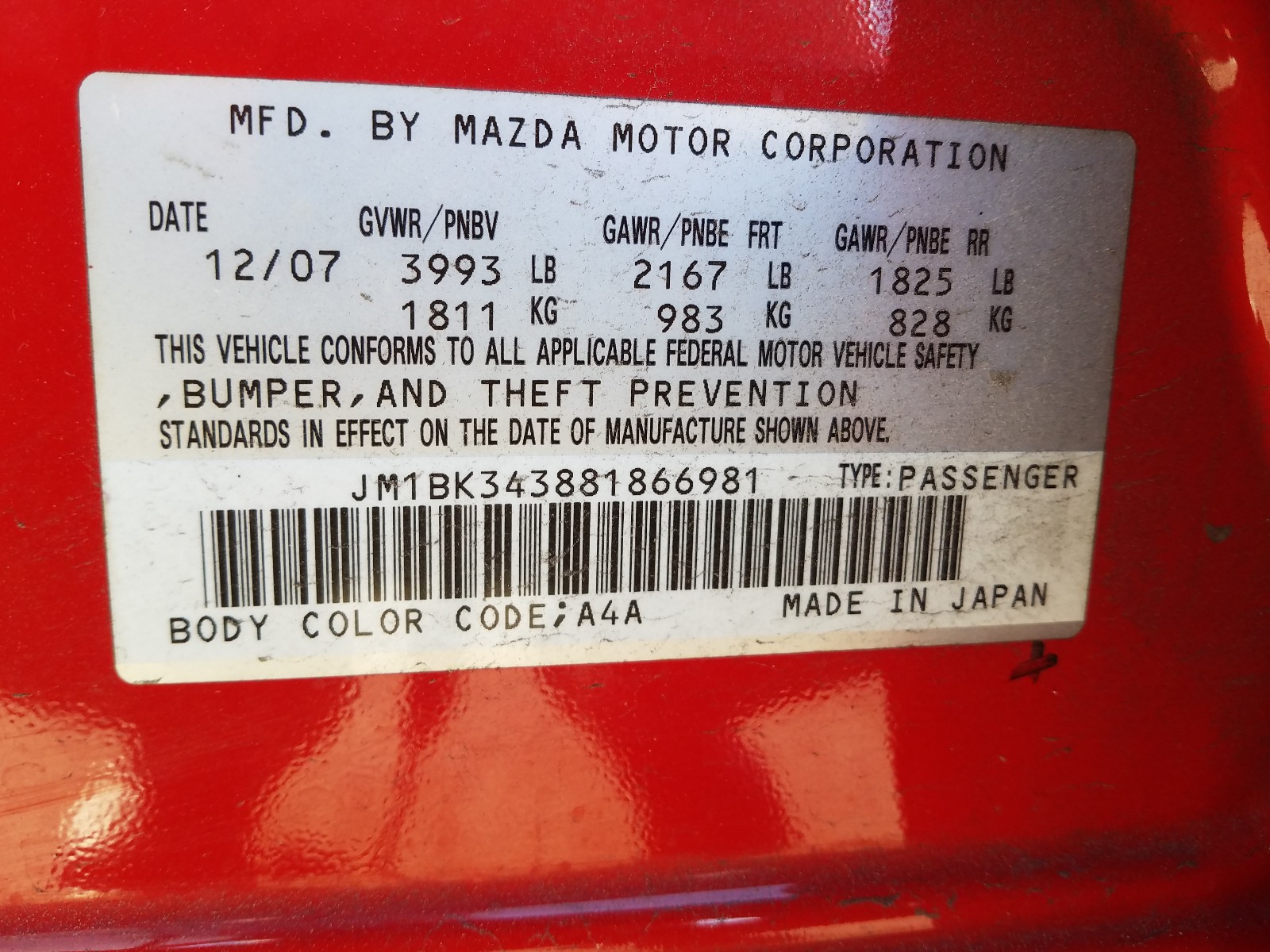 Photo 9 VIN: JM1BK343881866981 - MAZDA 3 HATCHBAC 