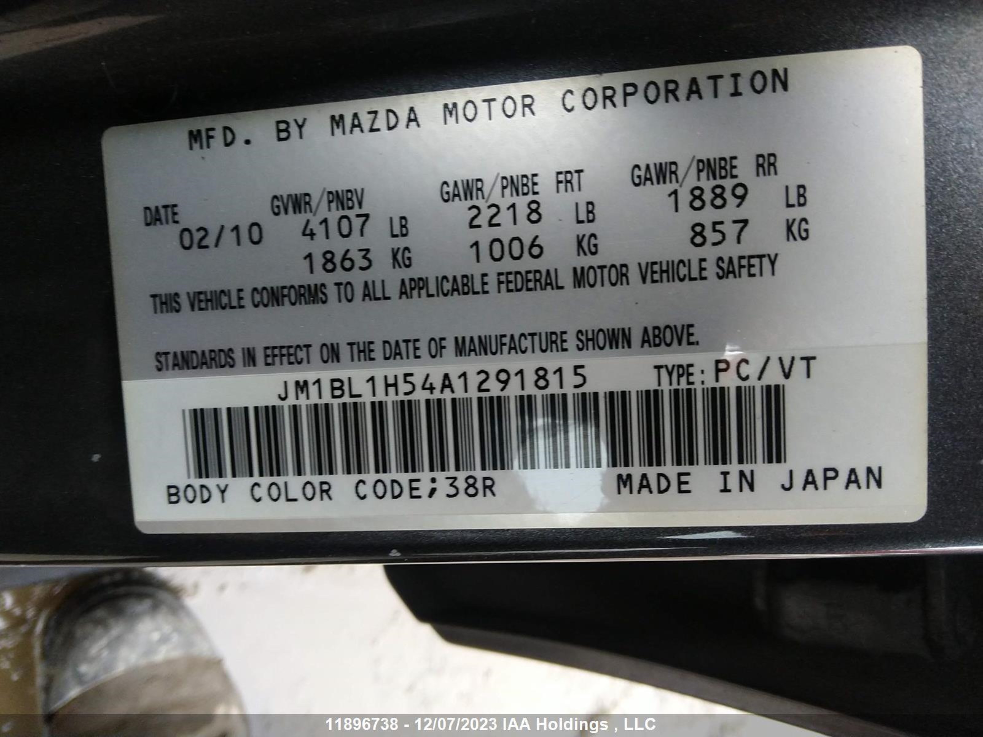 Photo 8 VIN: JM1BL1H54A1291815 - MAZDA 3 