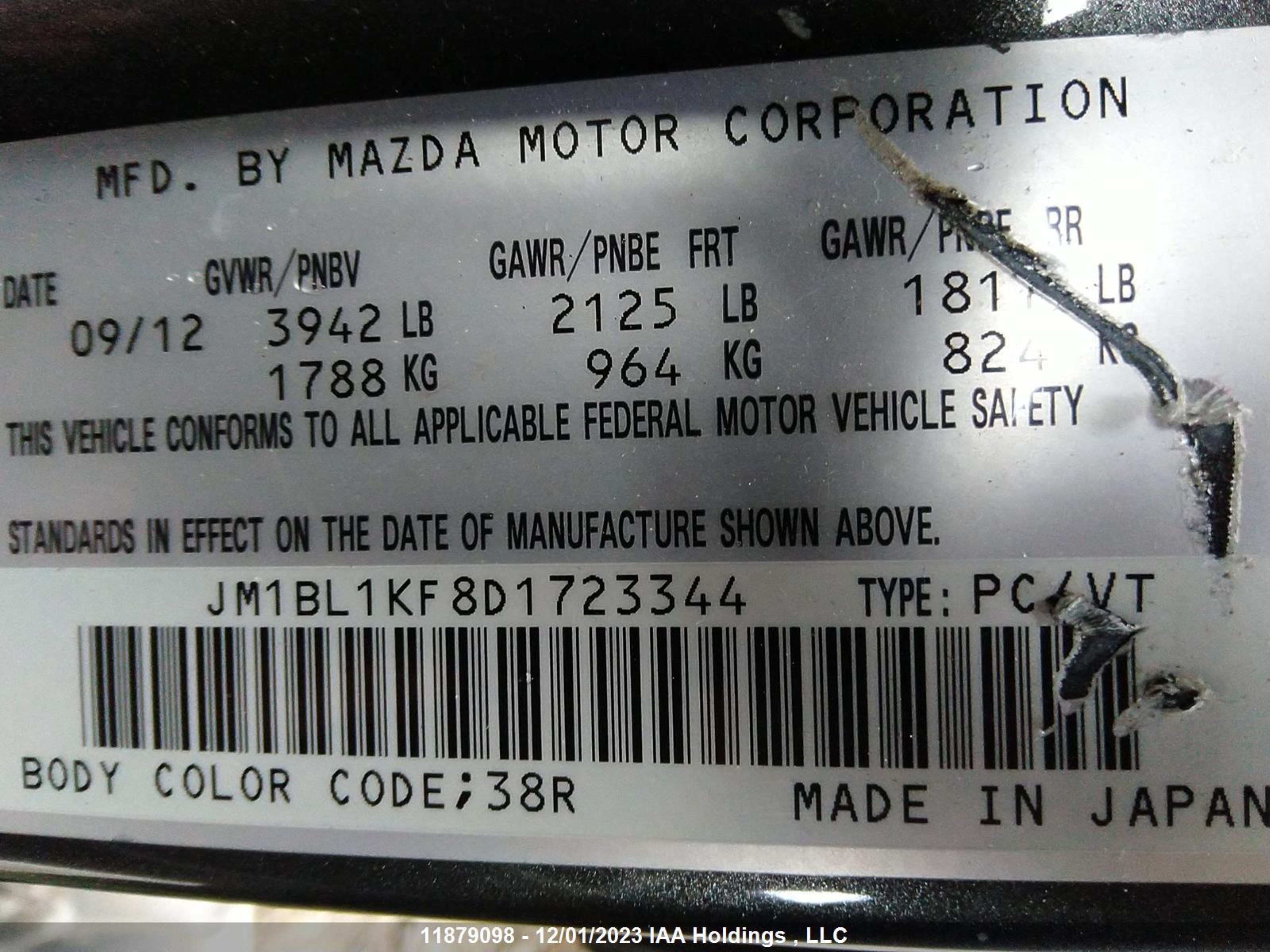 Photo 8 VIN: JM1BL1KF8D1723344 - MAZDA 3 