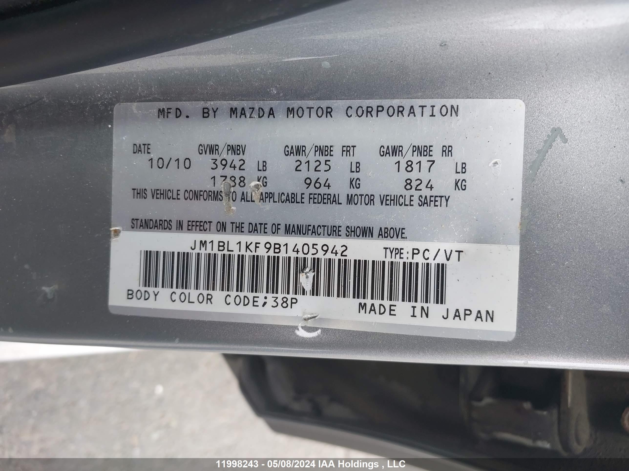 Photo 8 VIN: JM1BL1KF9B1405942 - MAZDA 3 