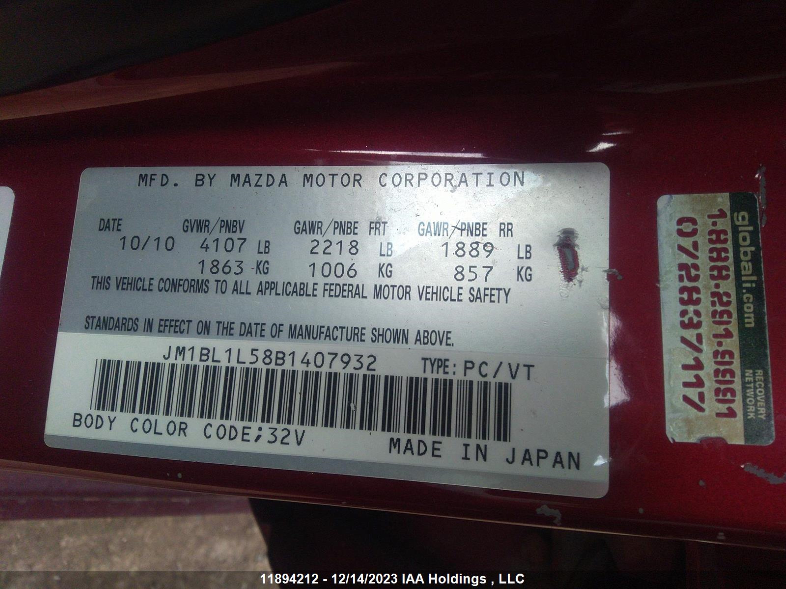 Photo 8 VIN: JM1BL1L58B1407932 - MAZDA 3 