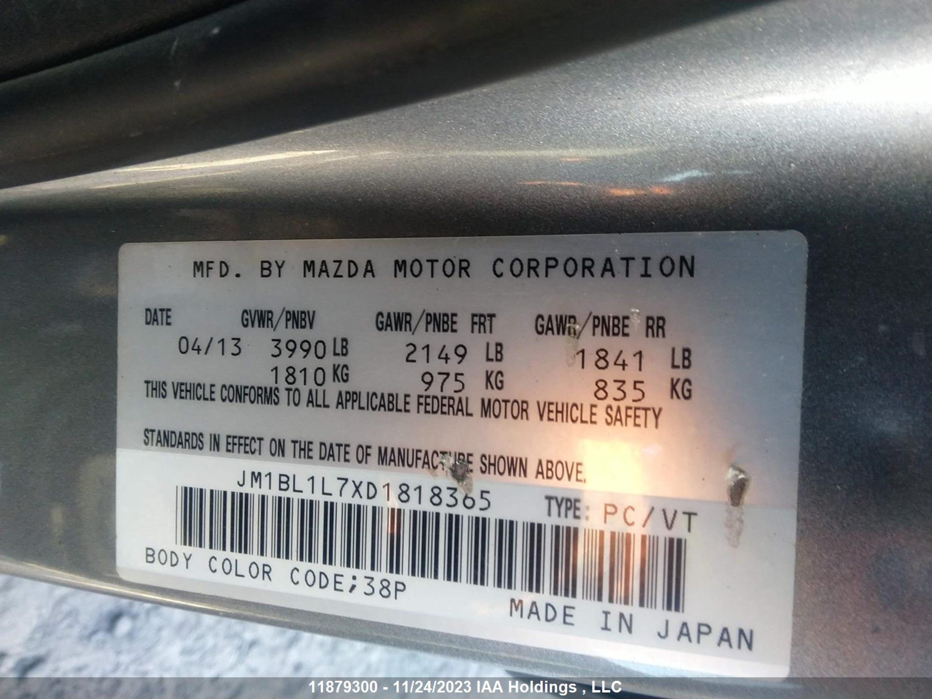 Photo 8 VIN: JM1BL1L7XD1818365 - MAZDA 3 