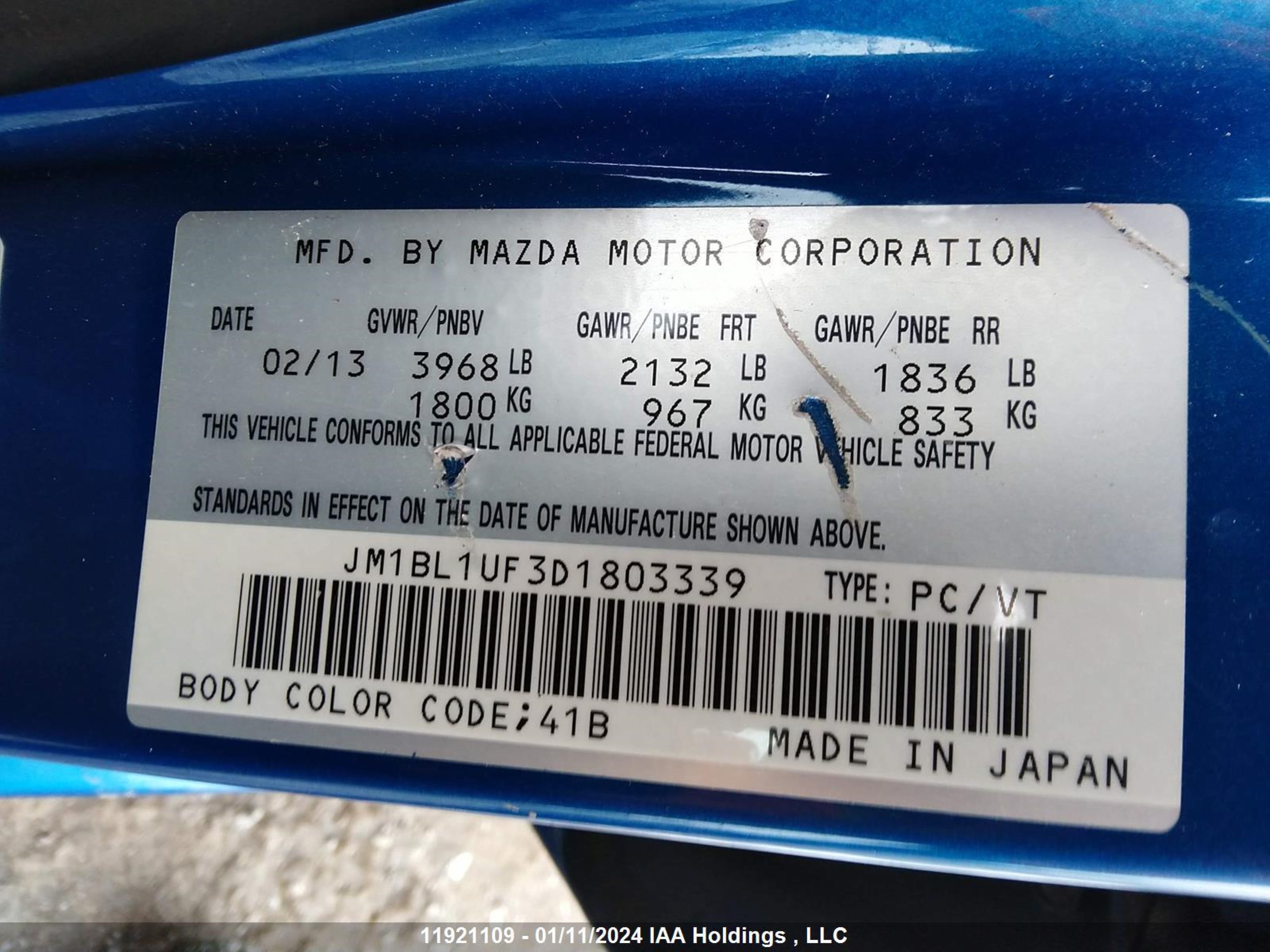 Photo 8 VIN: JM1BL1UF3D1803339 - MAZDA 3 