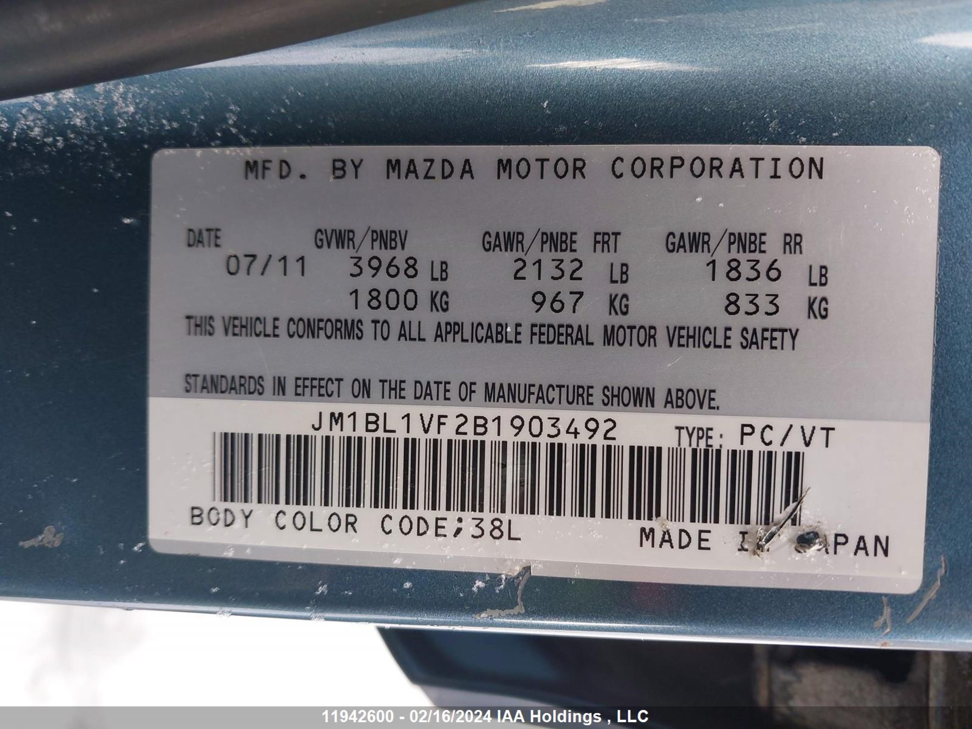 Photo 8 VIN: JM1BL1VF2B1903492 - MAZDA 3 