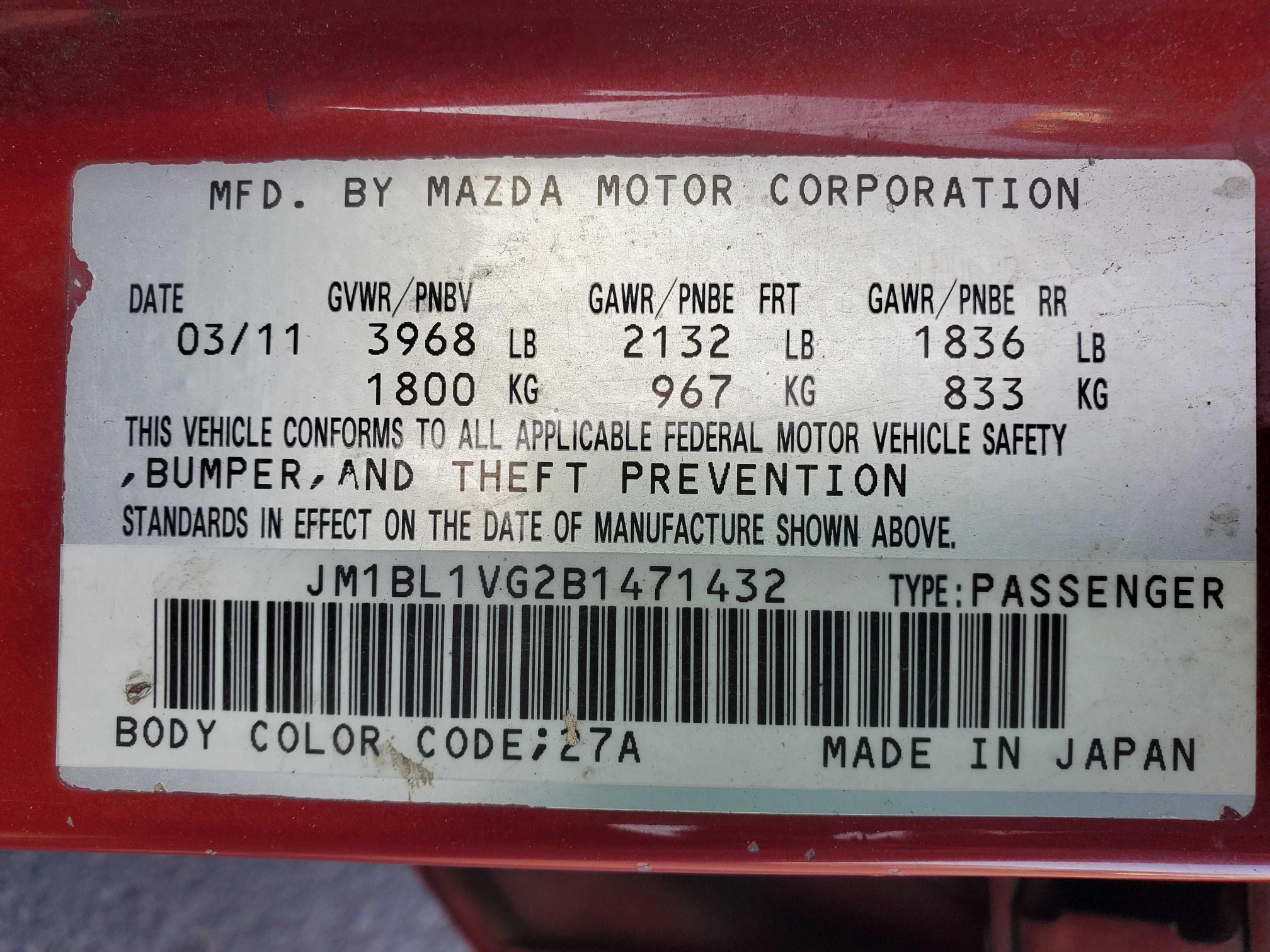 Photo 9 VIN: JM1BL1VG2B1471432 - MAZDA 3 I 