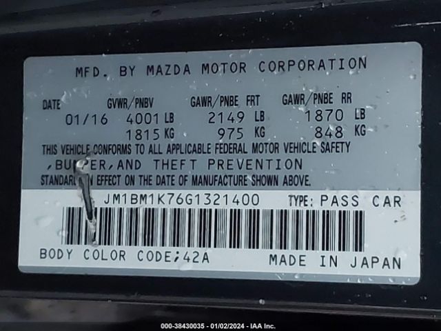 Photo 8 VIN: JM1BM1K76G1321400 - MAZDA MAZDA3 