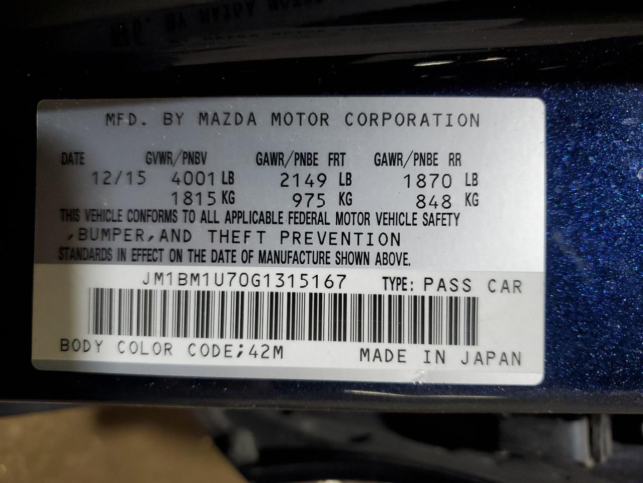 Photo 12 VIN: JM1BM1U70G1315167 - MAZDA 3 