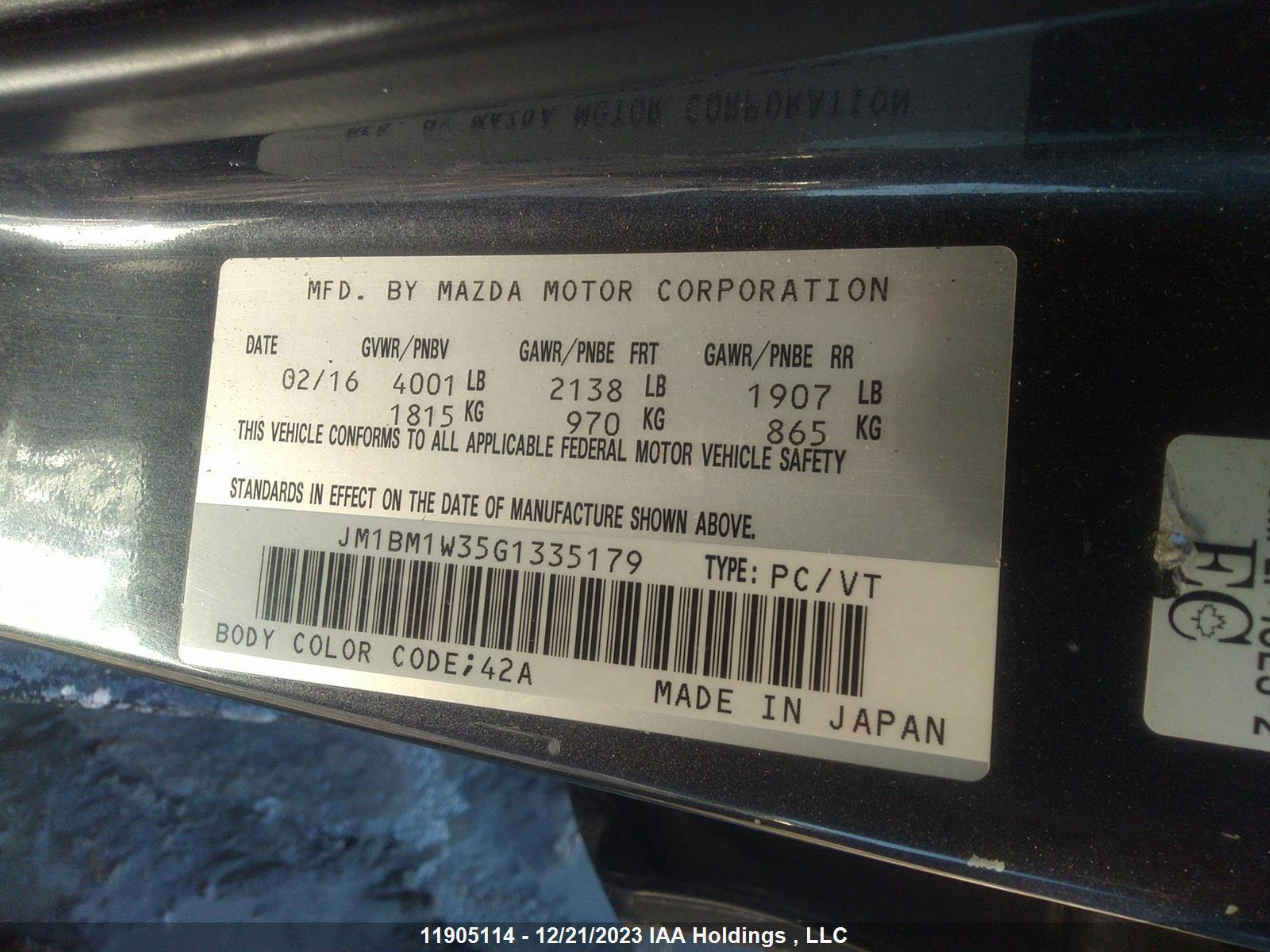 Photo 8 VIN: JM1BM1W35G1335179 - MAZDA 3 