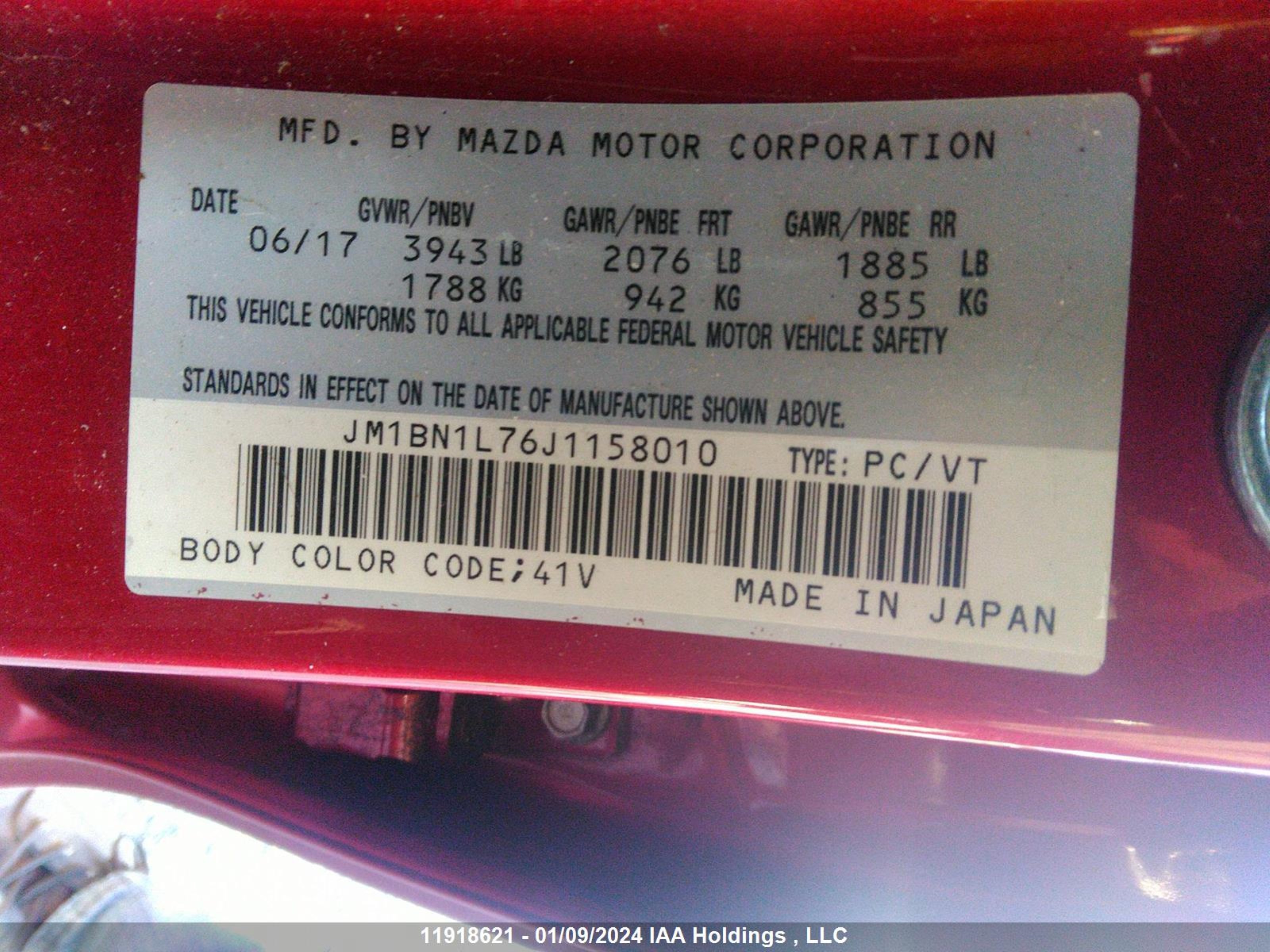 Photo 8 VIN: JM1BN1L76J1158010 - MAZDA NULL 