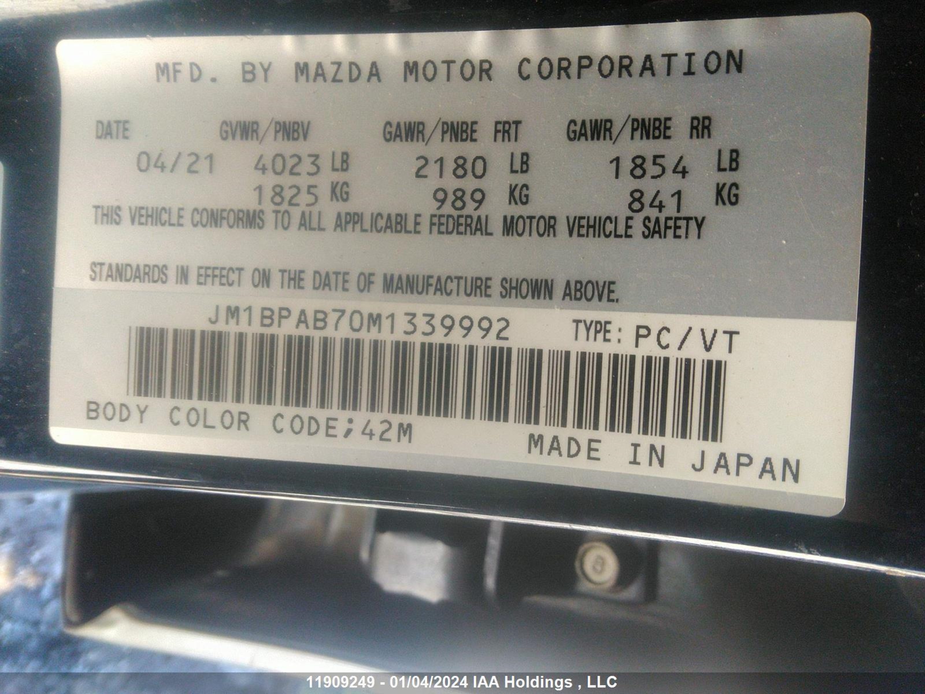 Photo 8 VIN: JM1BPAB70M1339992 - MAZDA 3 