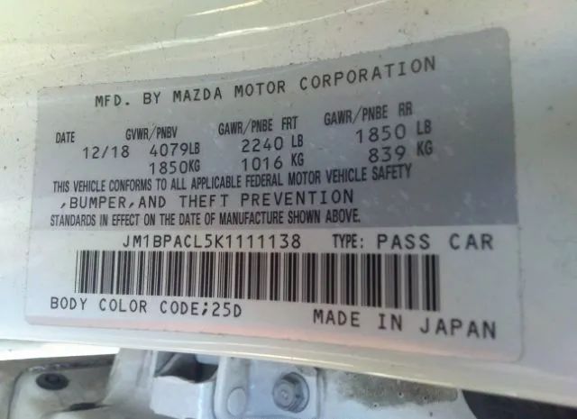 Photo 8 VIN: JM1BPACL5K1111138 - MAZDA MAZDA3 SEDAN 