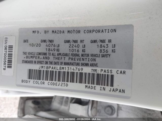 Photo 8 VIN: JM1BPAKL8M1314769 - MAZDA MAZDA3 