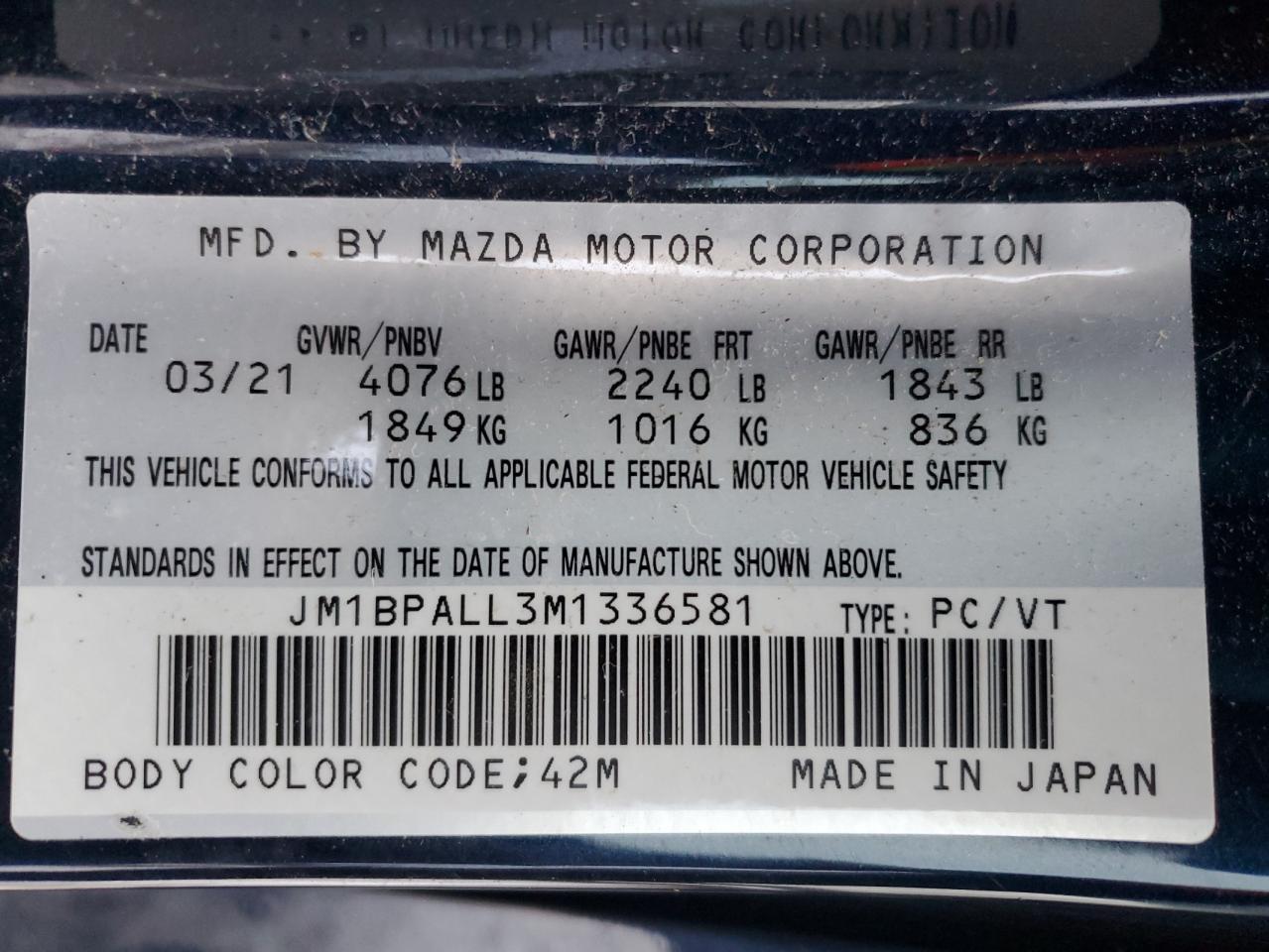 Photo 12 VIN: JM1BPALL3M1336581 - MAZDA 3 