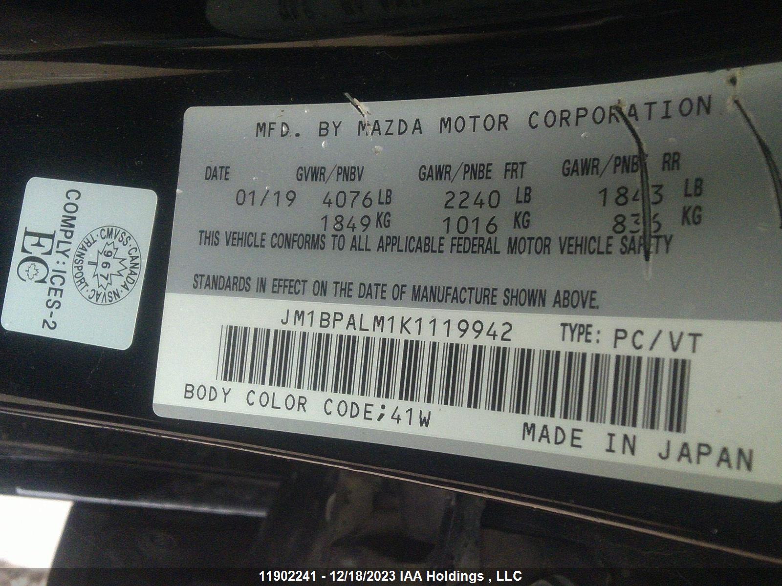 Photo 8 VIN: JM1BPALM1K1119942 - MAZDA 3 