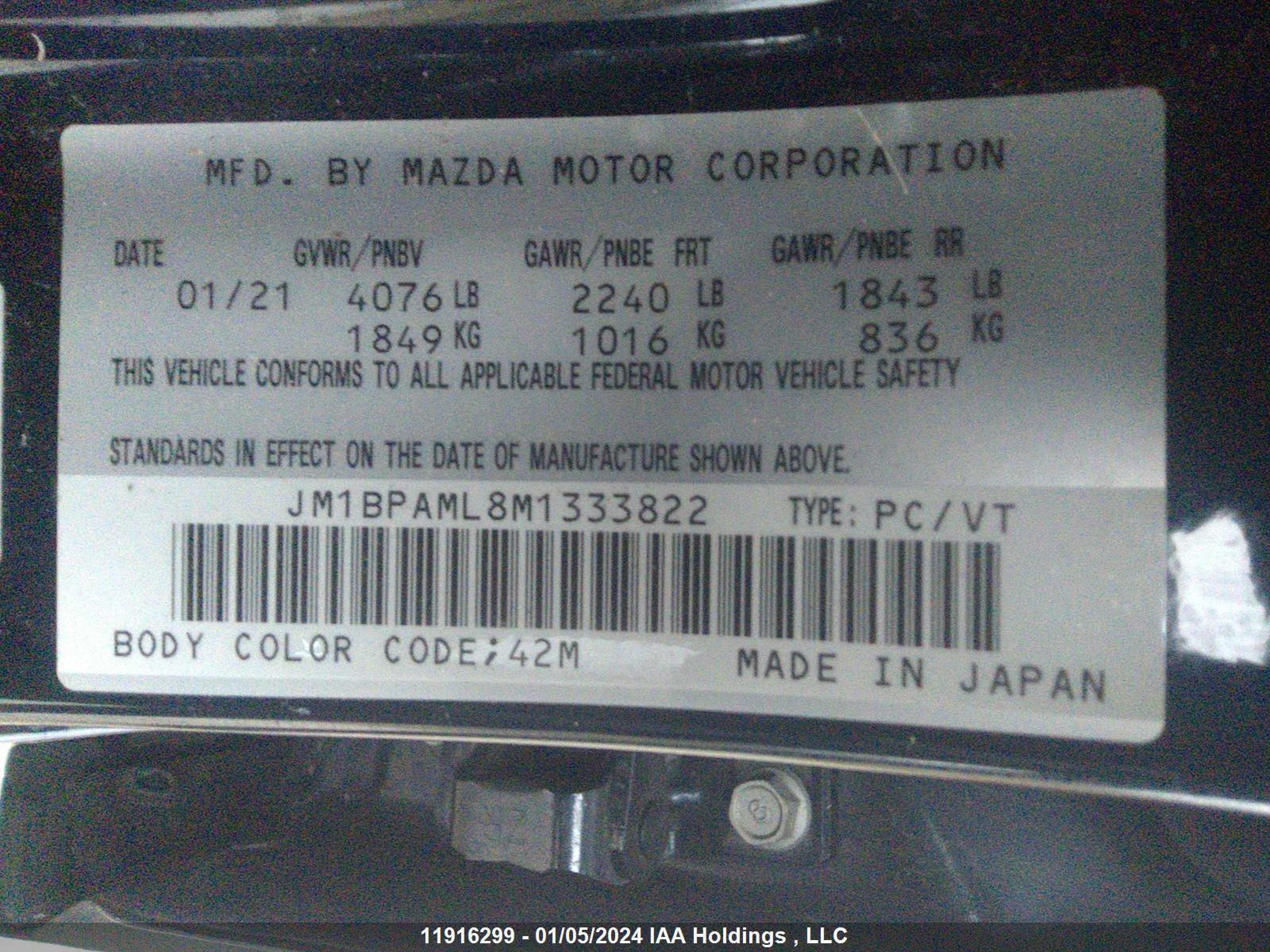 Photo 8 VIN: JM1BPAML8M1333822 - MAZDA 3 