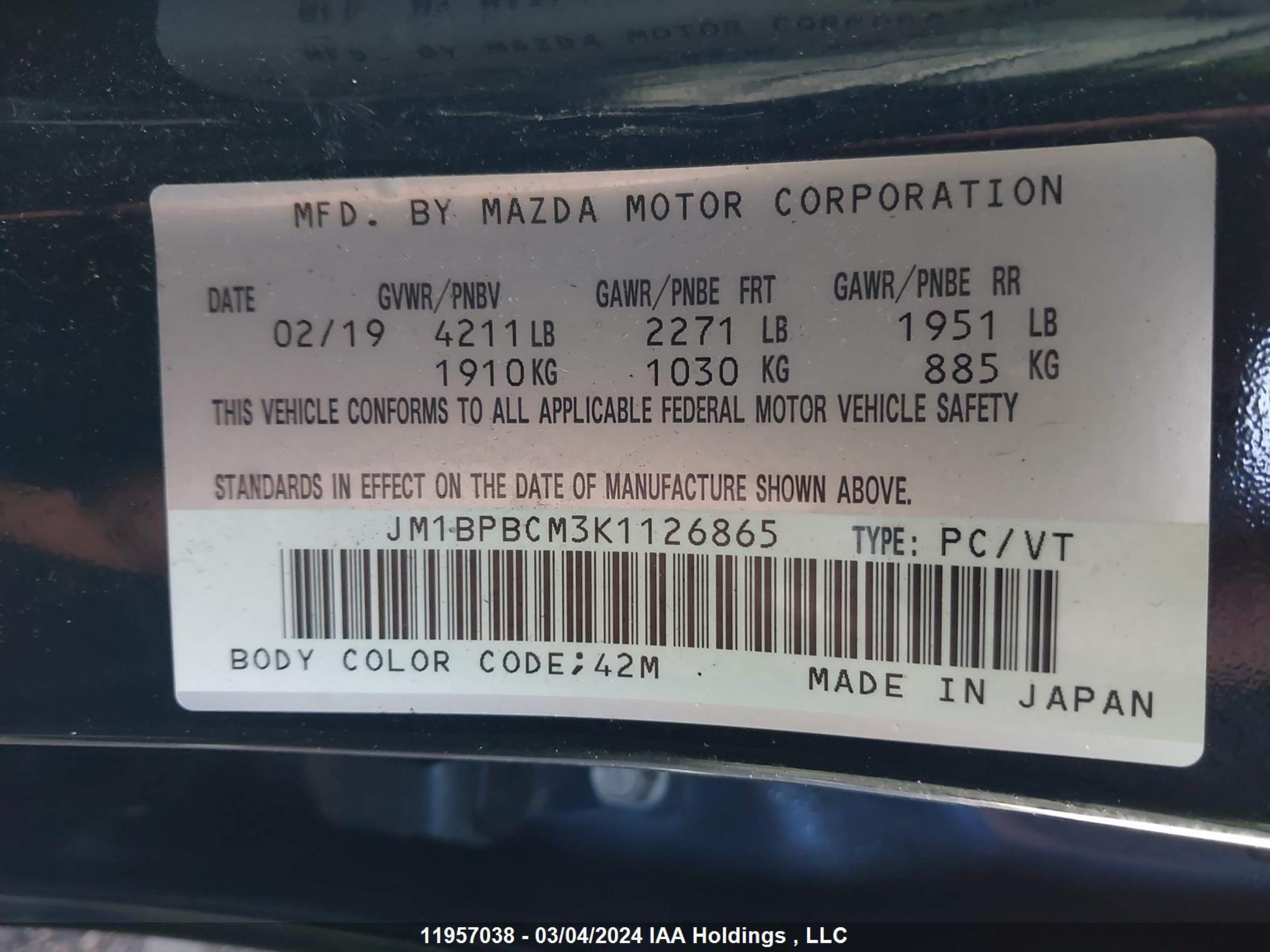 Photo 8 VIN: JM1BPBCM3K1126865 - MAZDA 3 