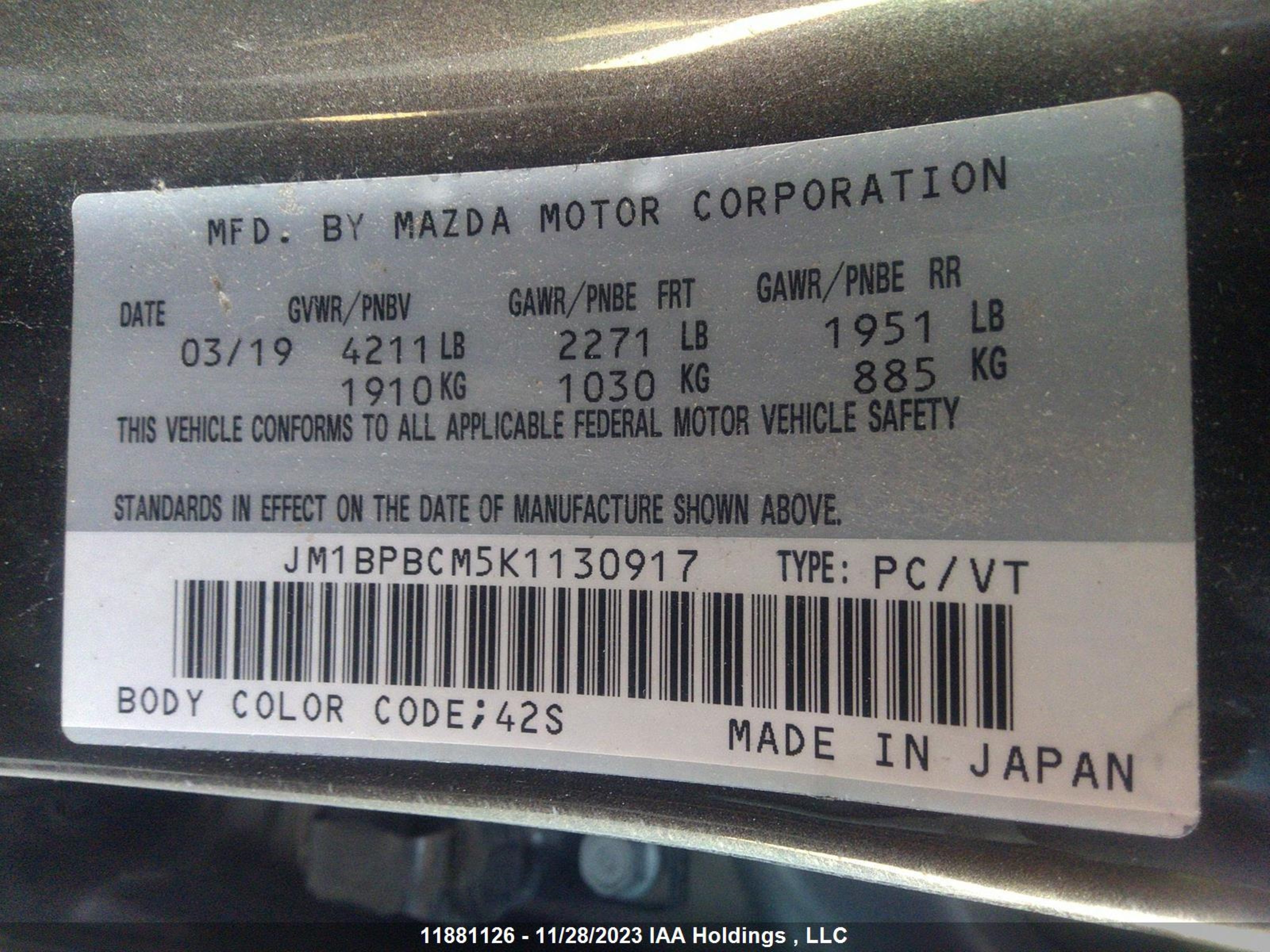 Photo 8 VIN: JM1BPBCM5K1130917 - MAZDA 3 