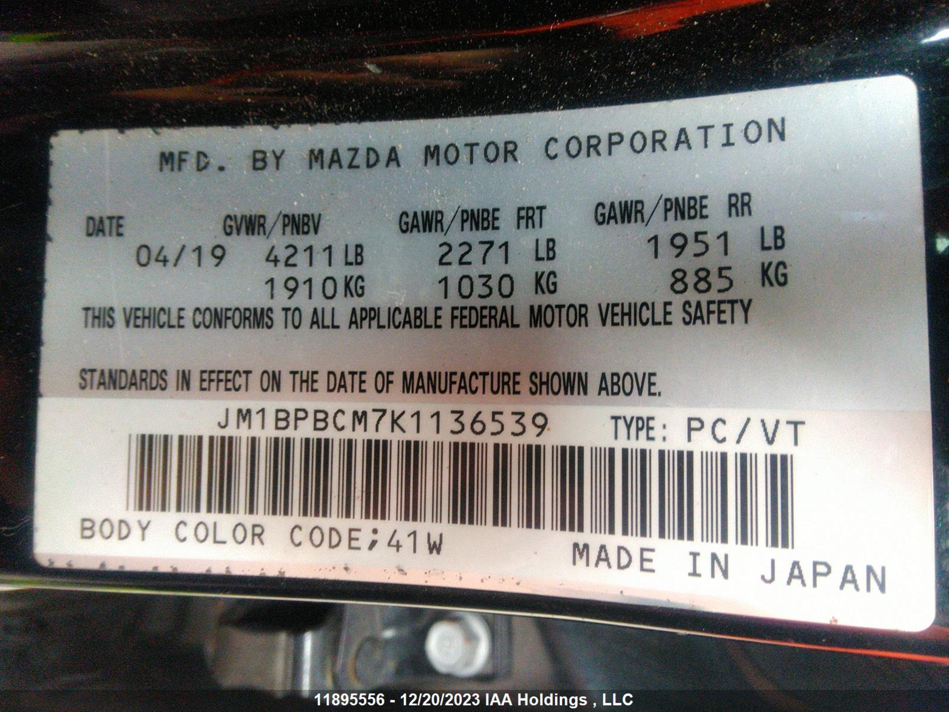 Photo 8 VIN: JM1BPBCM7K1136539 - MAZDA 3 