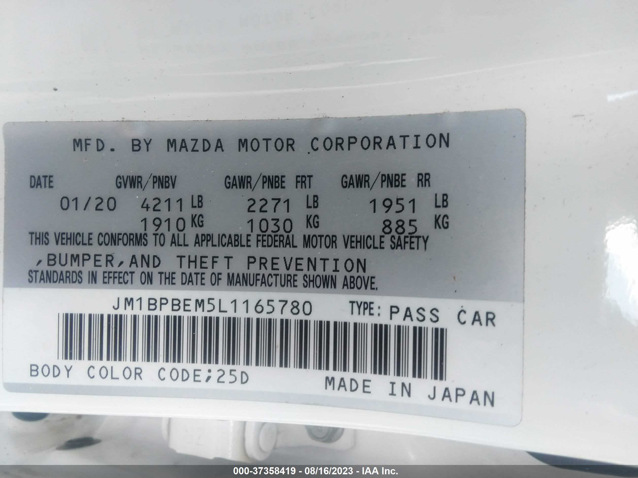 Photo 8 VIN: JM1BPBEM5L1165780 - MAZDA 3 