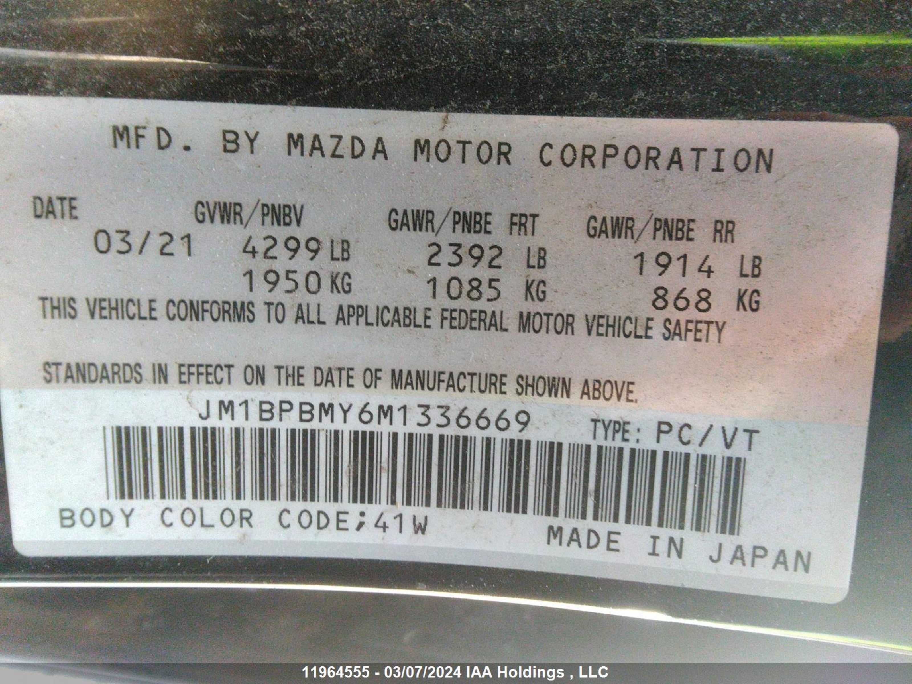 Photo 8 VIN: JM1BPBMY6M1336669 - MAZDA NULL 