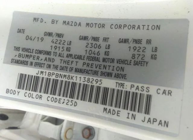 Photo 8 VIN: JM1BPBNM8K1138295 - MAZDA MAZDA3 HATCHBACK 