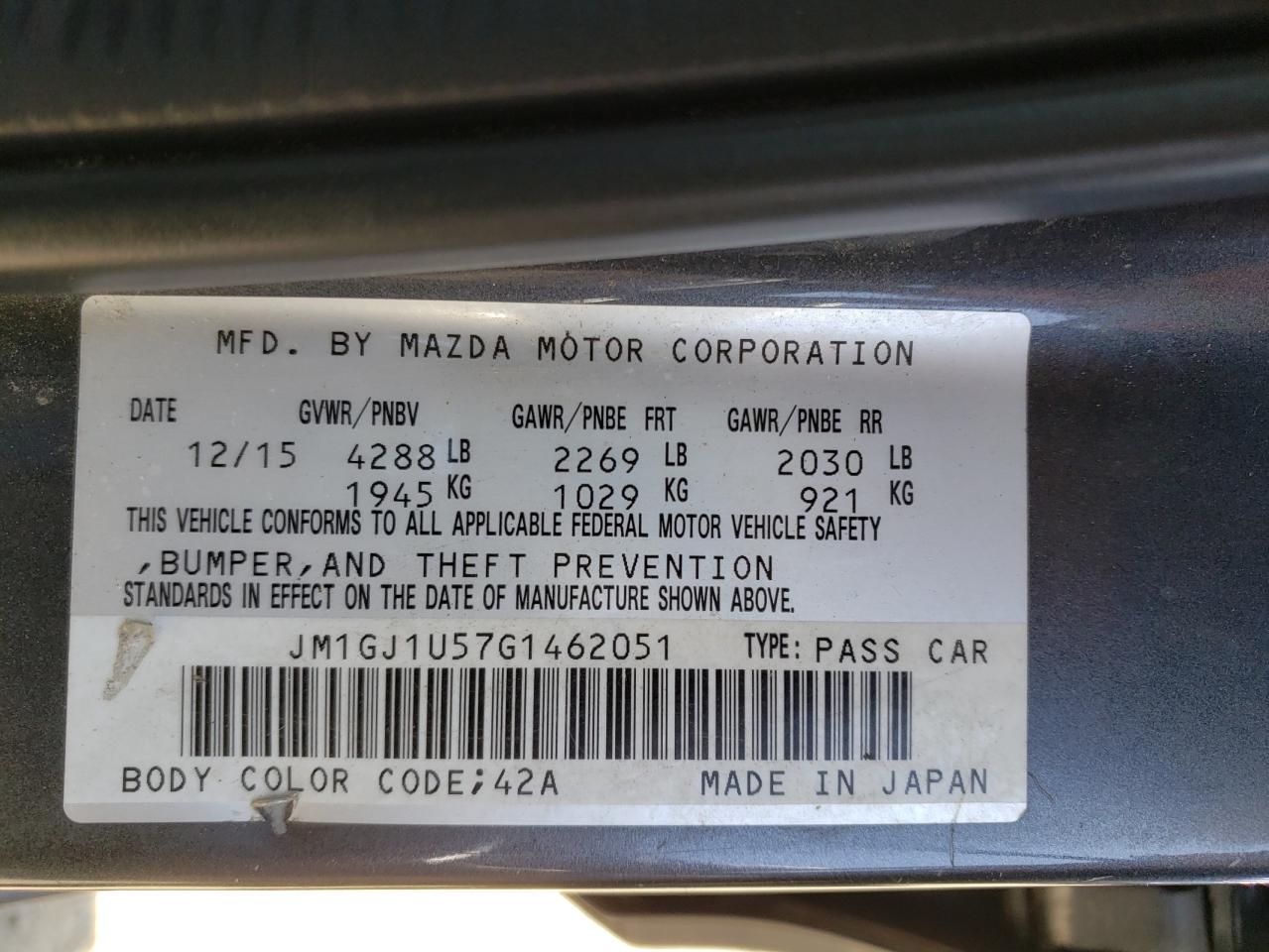 Photo 11 VIN: JM1GJ1U57G1462051 - MAZDA 6 