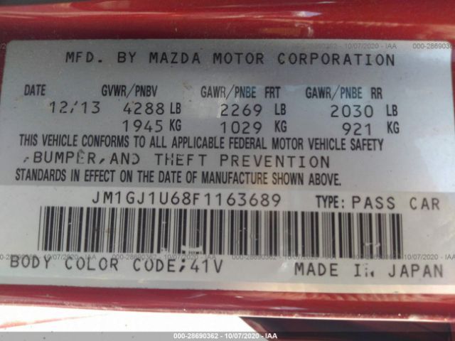 Photo 8 VIN: JM1GJ1U68F1163689 - MAZDA MAZDA6 