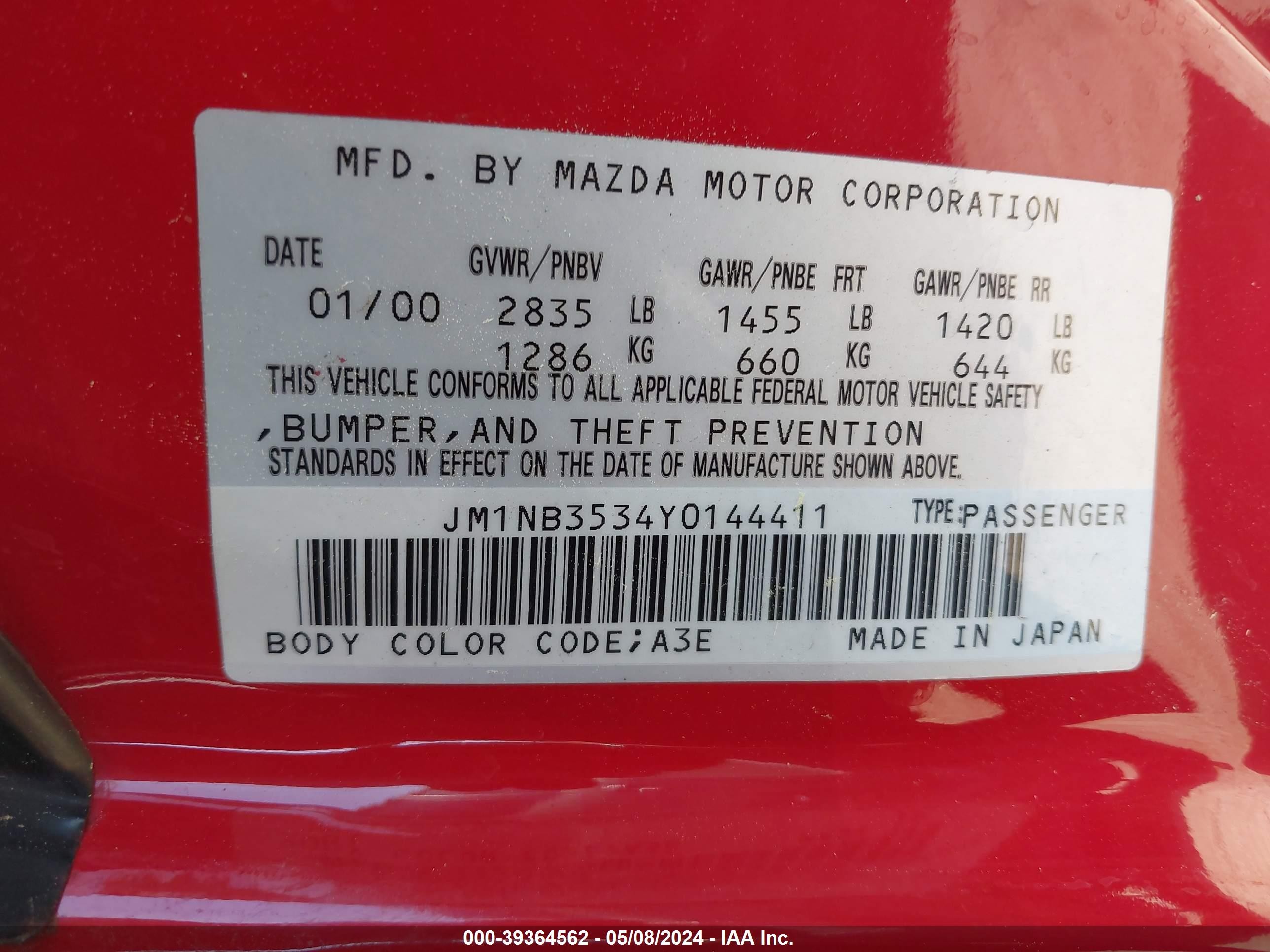 Photo 8 VIN: JM1NB3534Y0144411 - MAZDA MX-5 