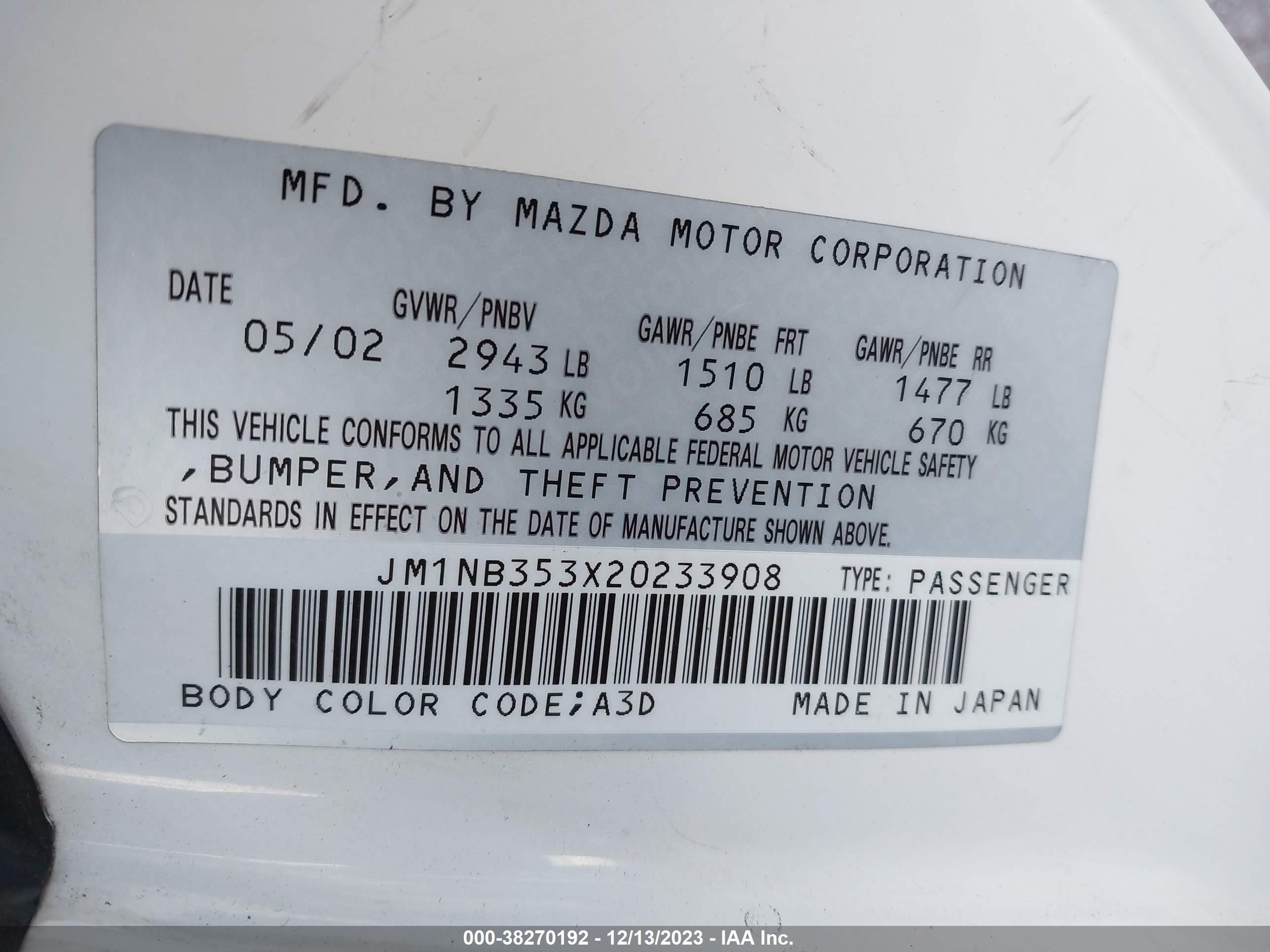 Photo 8 VIN: JM1NB353X20233908 - MAZDA MX-5 