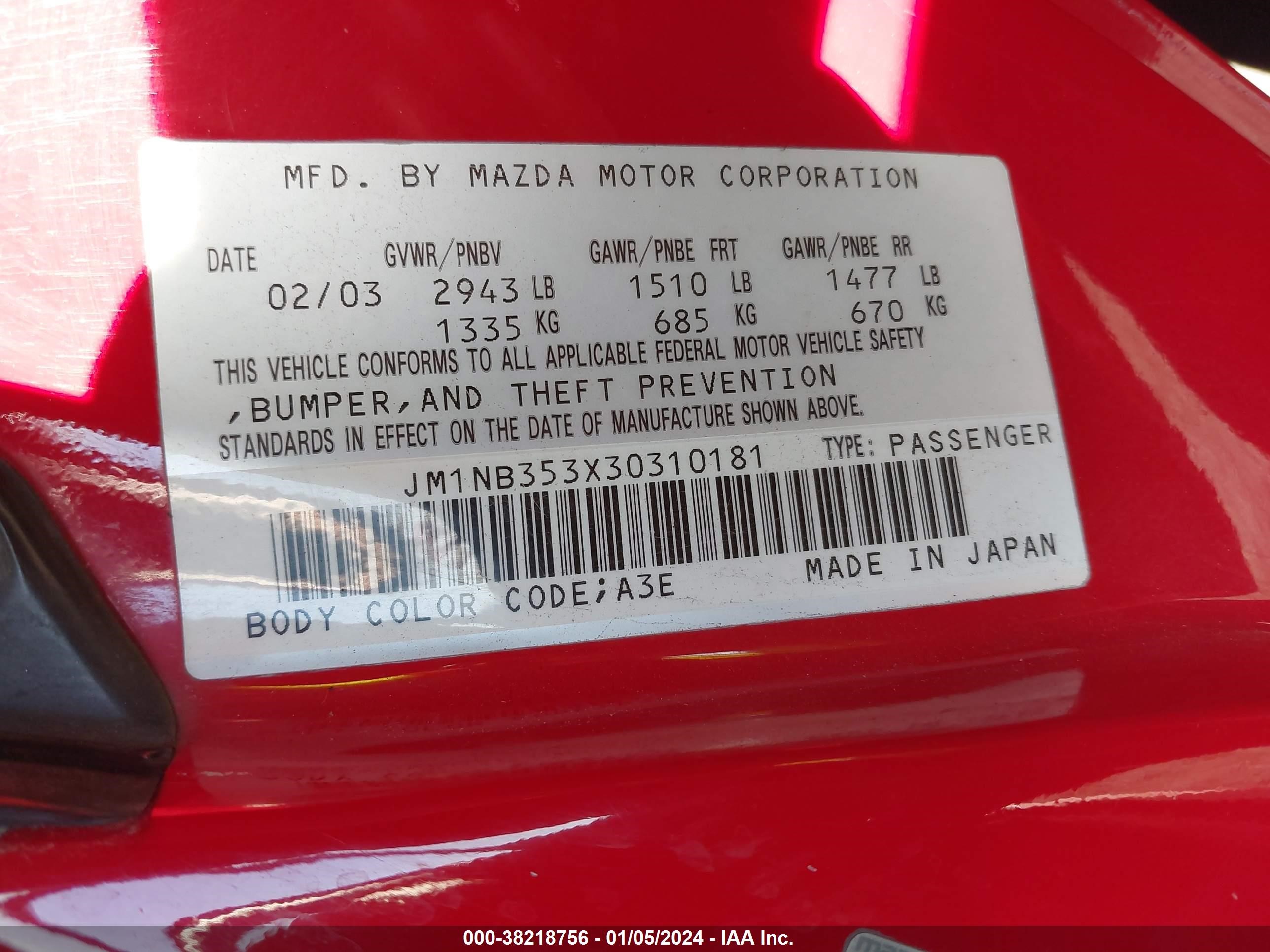 Photo 8 VIN: JM1NB353X30310181 - MAZDA MX-5 