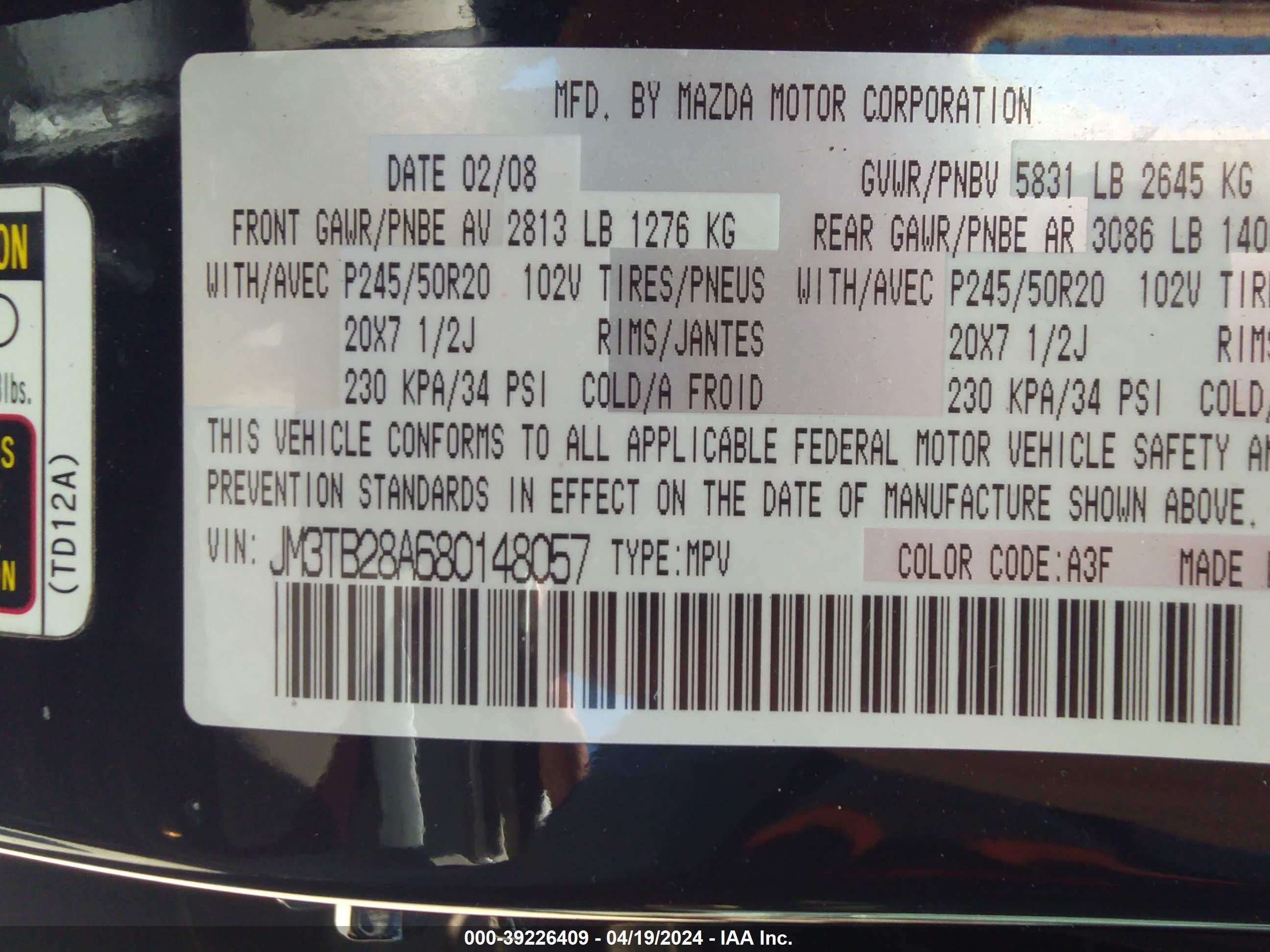 Photo 8 VIN: JM3TB28A680148057 - MAZDA CX-9 