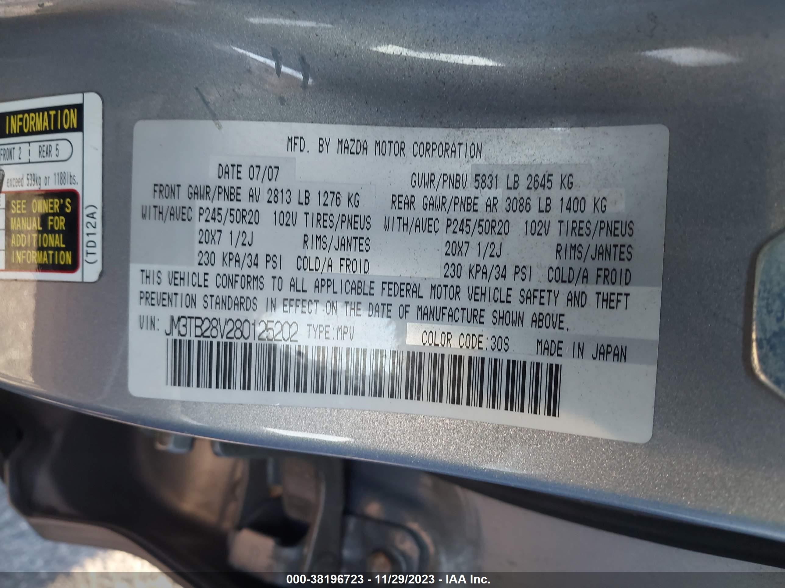 Photo 8 VIN: JM3TB28V280125202 - MAZDA CX-9 