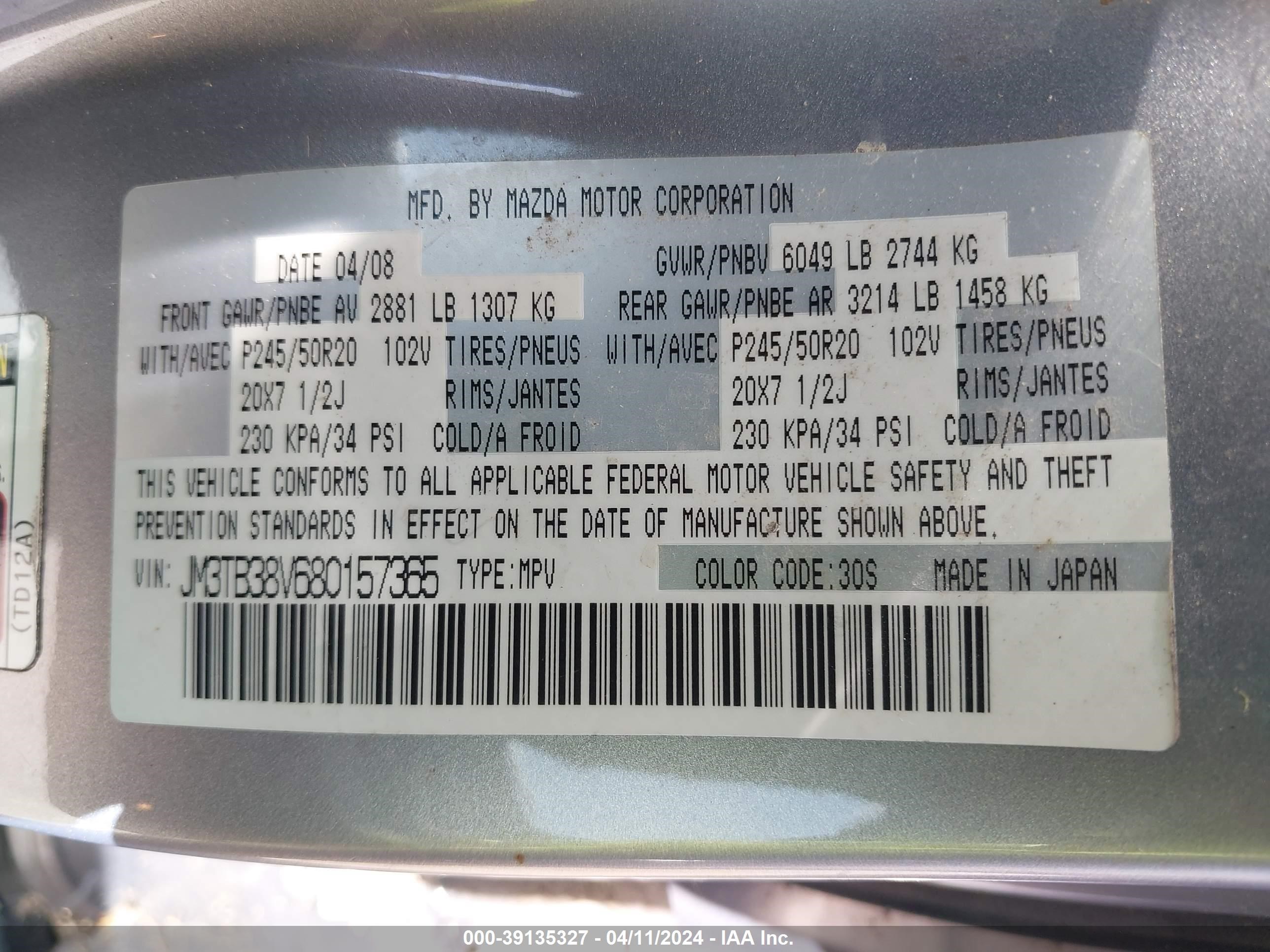 Photo 8 VIN: JM3TB38V680157365 - MAZDA CX-9 