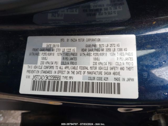 Photo 8 VIN: JM3TCACY3K0336568 - MAZDA CX-9 