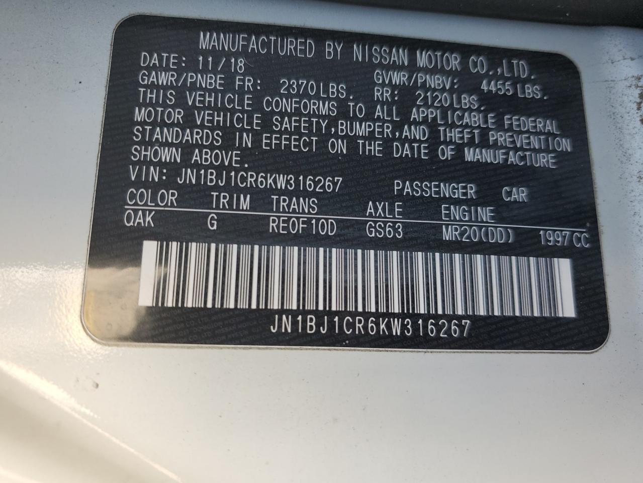 Photo 12 VIN: JN1BJ1CR6KW316267 - NISSAN ROGUE 