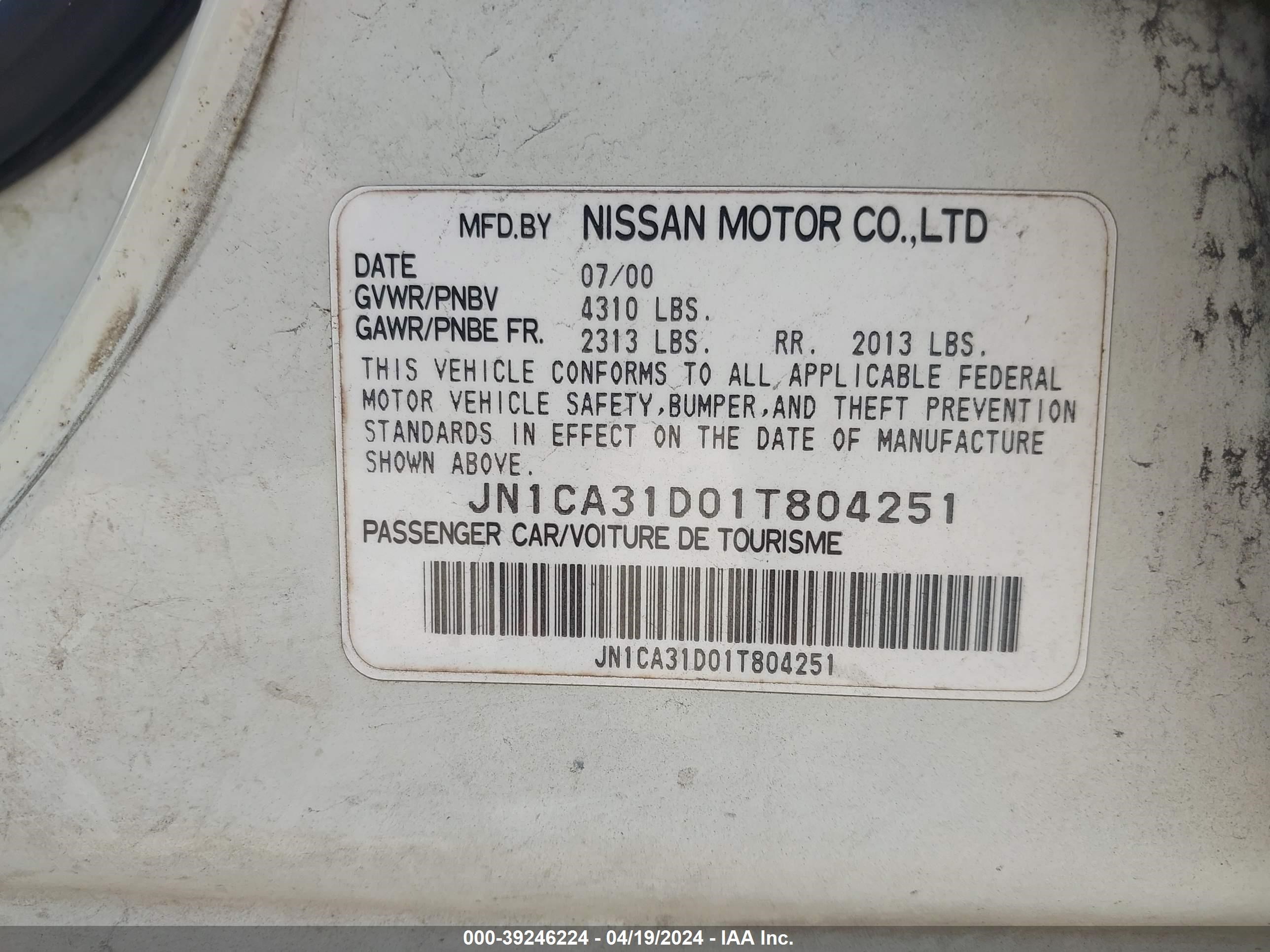 Photo 8 VIN: JN1CA31D01T804251 - NISSAN MAXIMA 