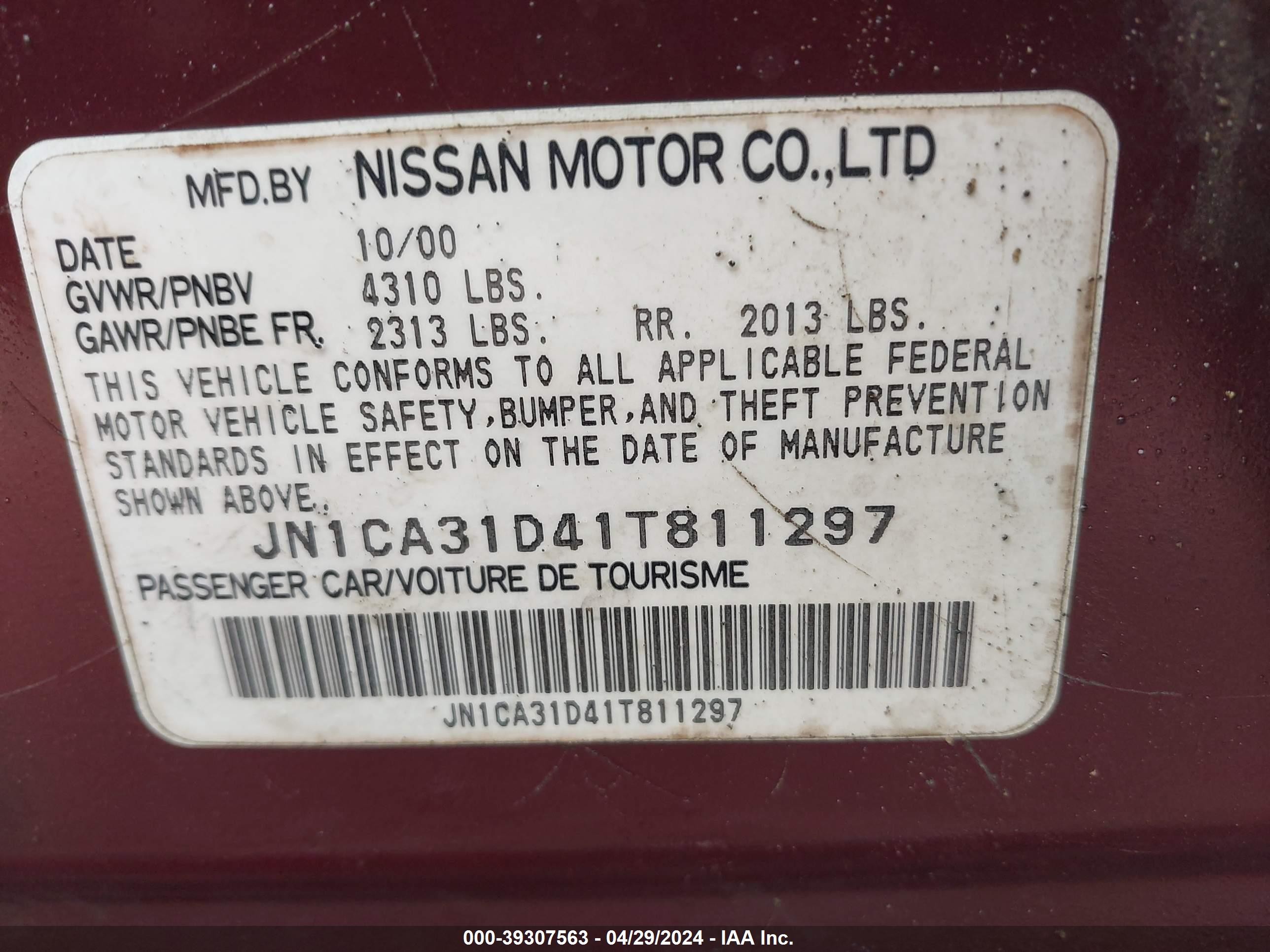 Photo 8 VIN: JN1CA31D41T811297 - NISSAN MAXIMA 