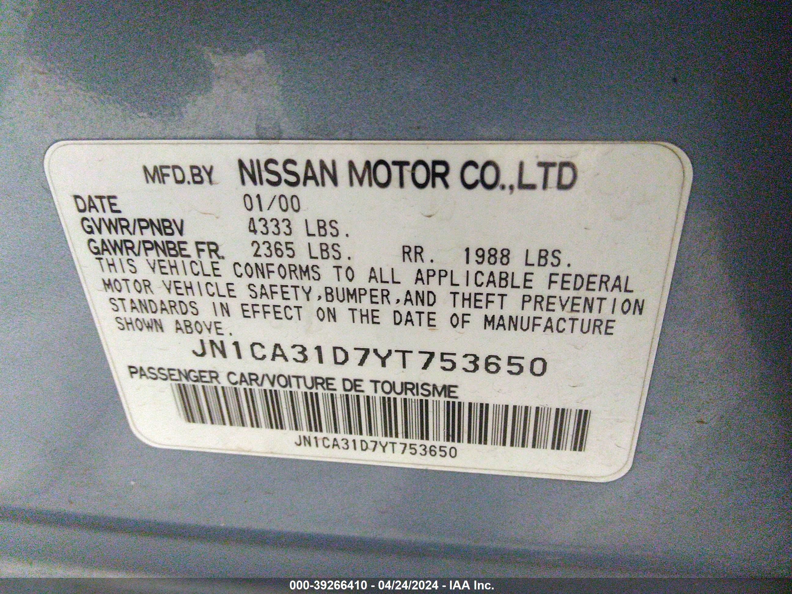 Photo 8 VIN: JN1CA31D7YT753650 - NISSAN MAXIMA 