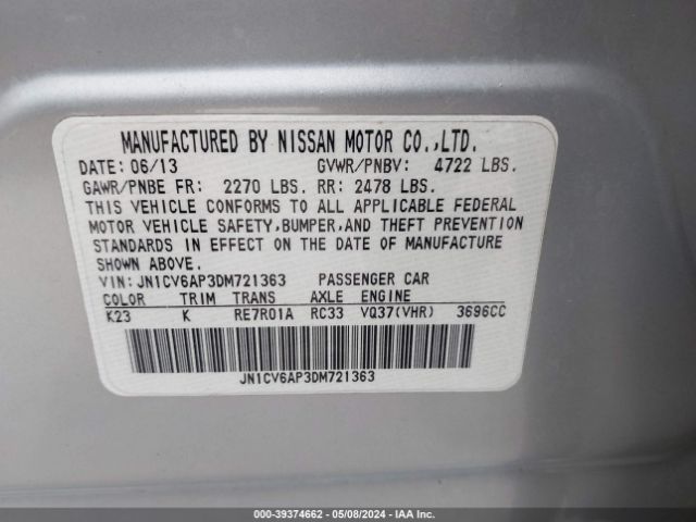 Photo 8 VIN: JN1CV6AP3DM721363 - INFINITI G37 