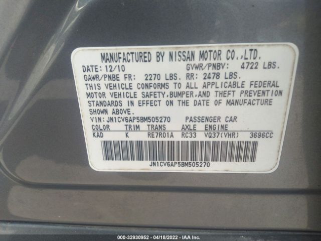 Photo 8 VIN: JN1CV6AP5BM505270 - INFINITI G37 SEDAN 