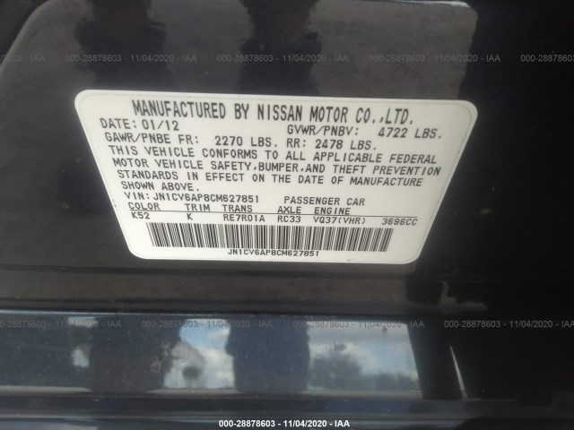 Photo 8 VIN: JN1CV6AP8CM627851 - INFINITI G37 SEDAN 