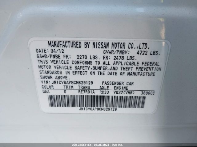 Photo 8 VIN: JN1CV6AP8CM629129 - INFINITI G37 