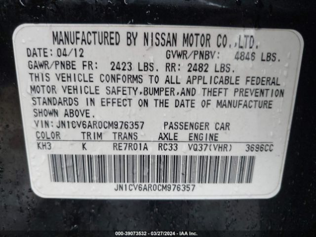 Photo 8 VIN: JN1CV6AR0CM976357 - INFINITI G37X 