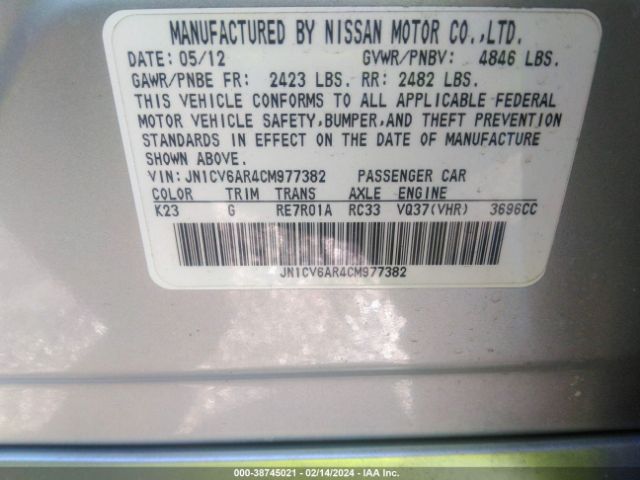 Photo 8 VIN: JN1CV6AR4CM977382 - INFINITI G37X 